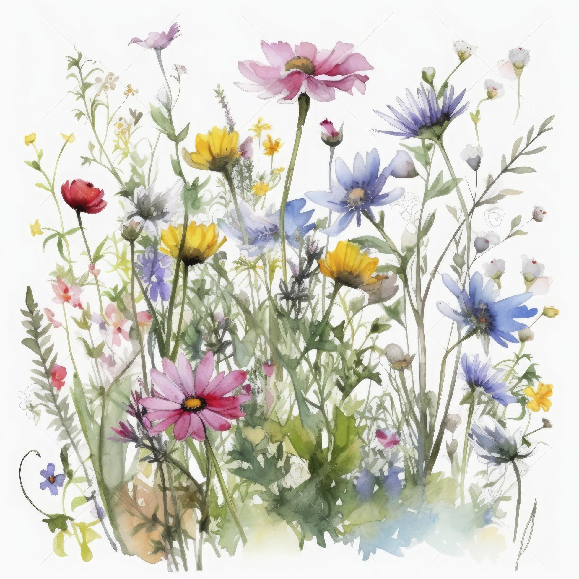 free meadow flowers watercolor and pastel color on white background , Generate Ai Stock Free