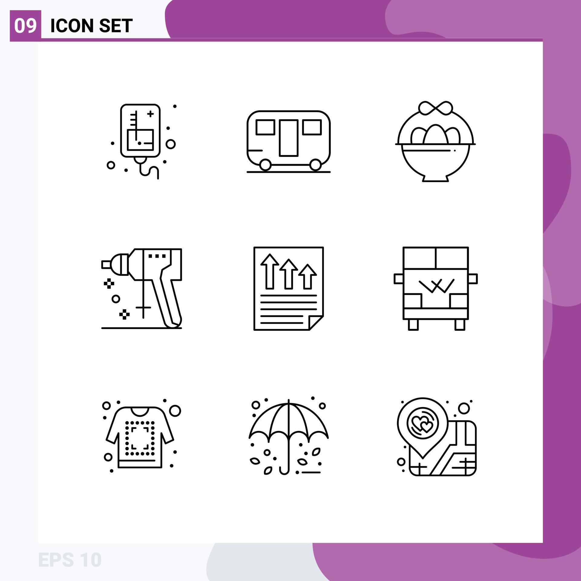 Editable Vector Line Pack of 9 Simple Outlines of document arrows basket tool perforator Editable Vector Design Elements Stock Free