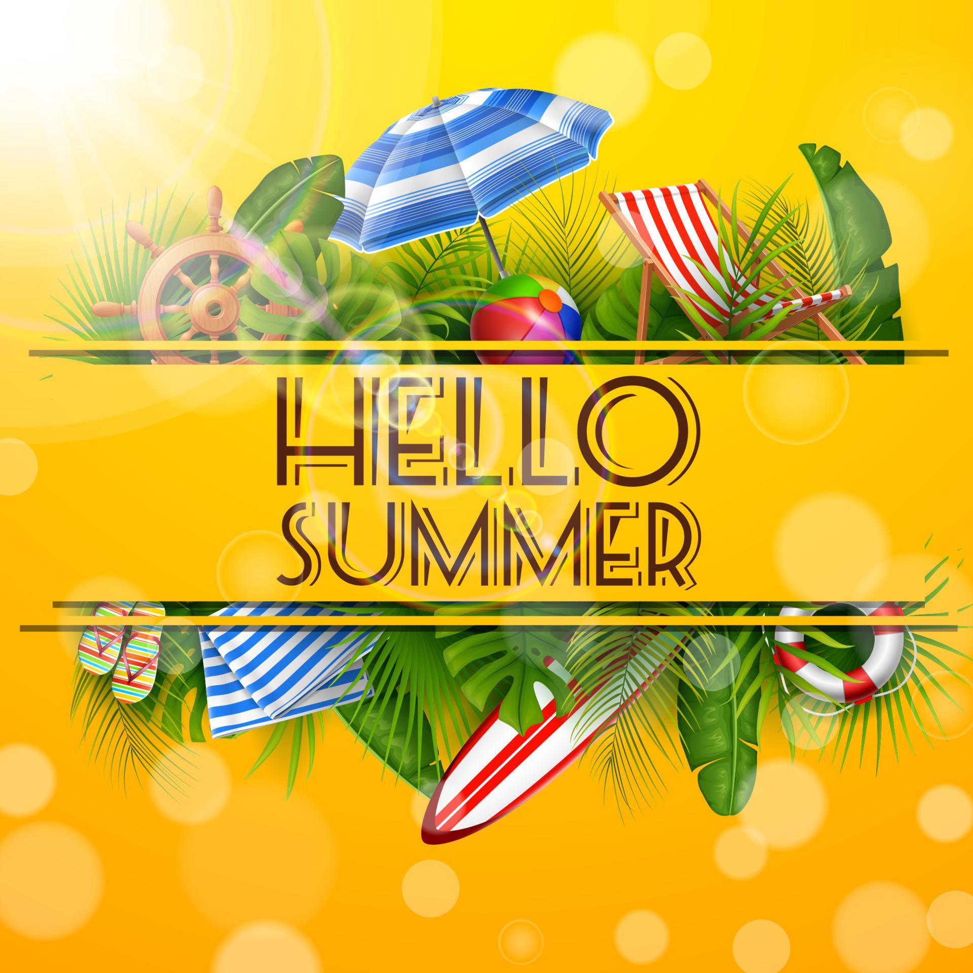 Hello Summer with leaves tropical in hole. banner, poster Summer background Stock Free