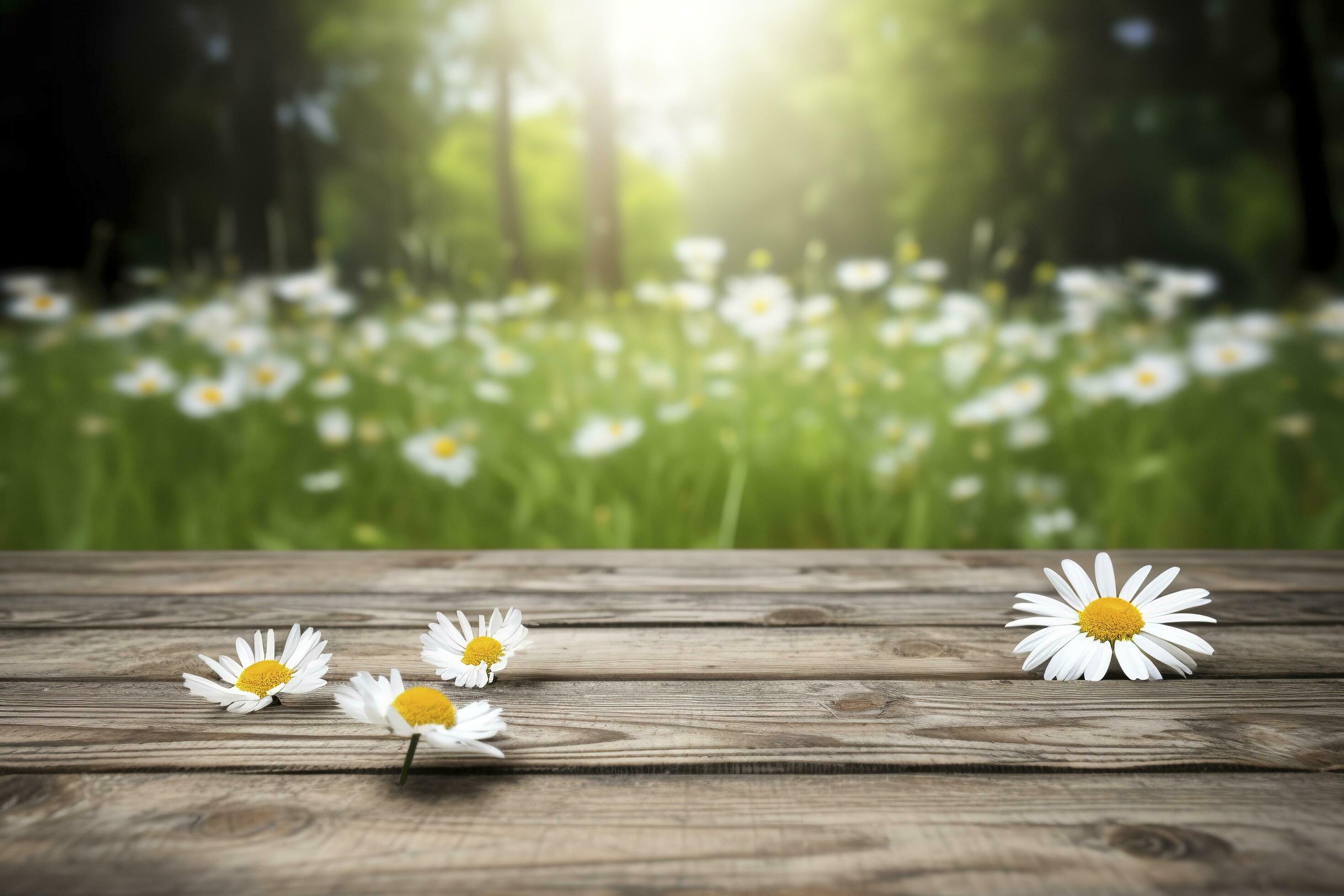 Wooden Board With Daisy Flower Field As Background , generate ai Stock Free