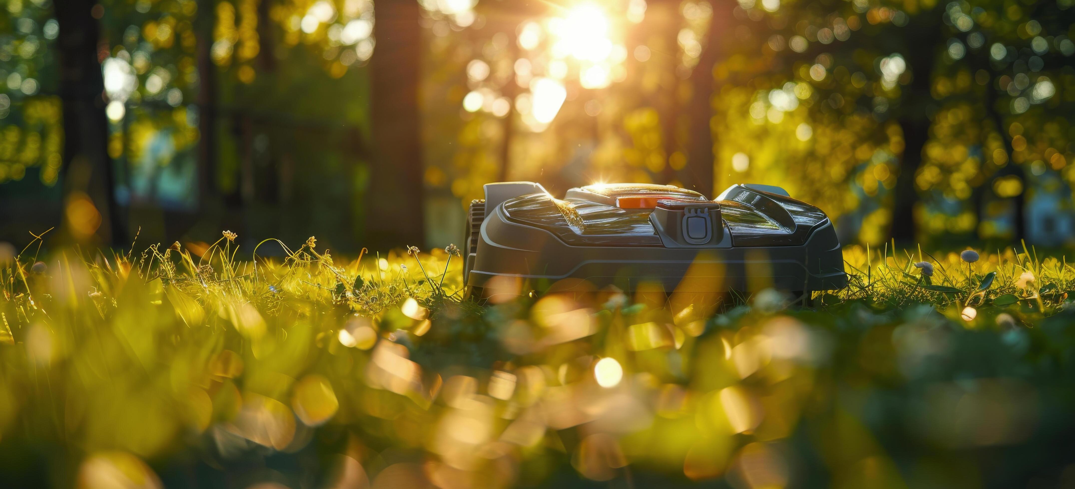 Robotic Lawn Mower Resting in Grassy Backyard During Sunset Stock Free