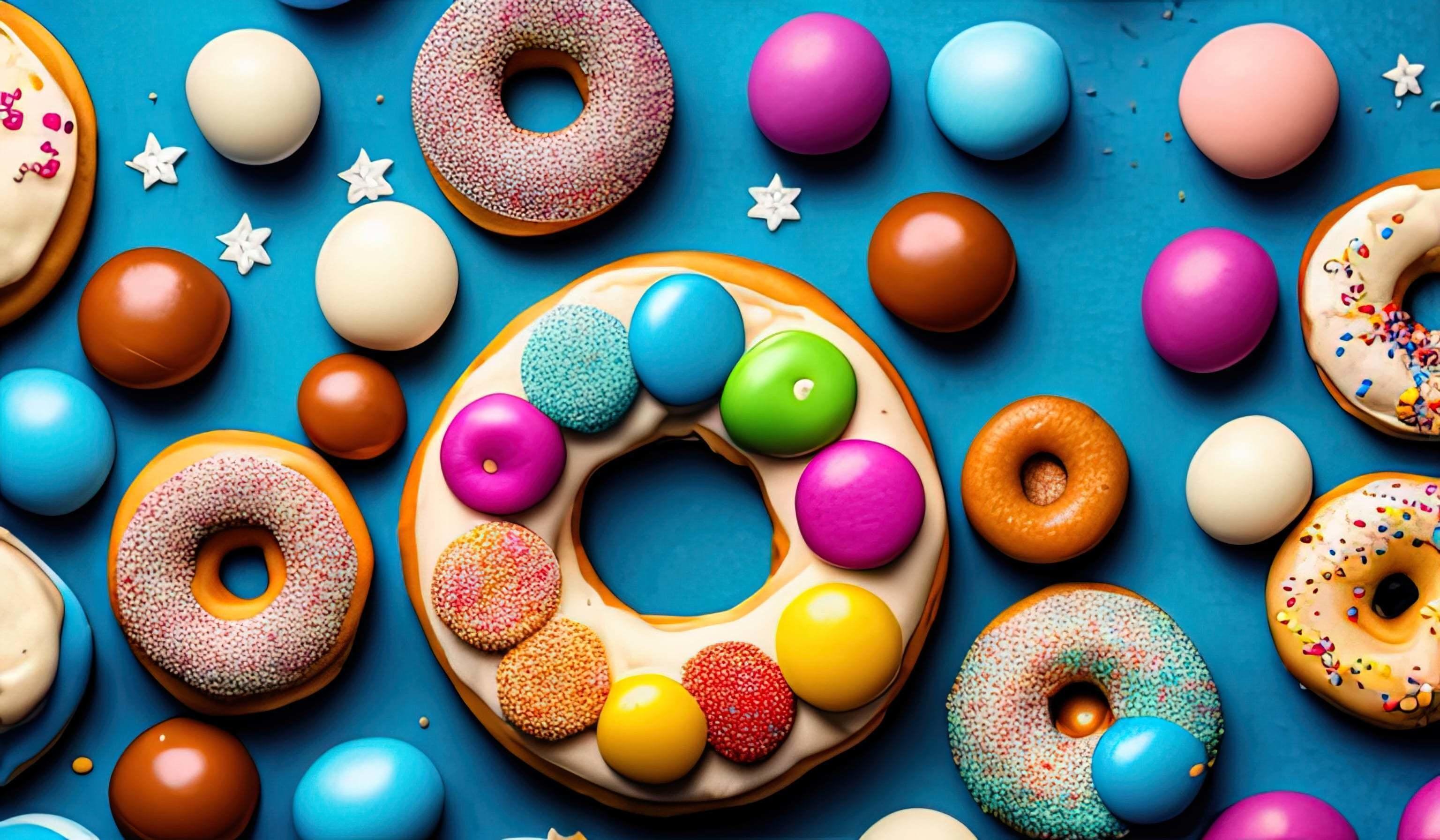 professional food photography closeup of Various decorated moving doughnuts falling on blue background Stock Free