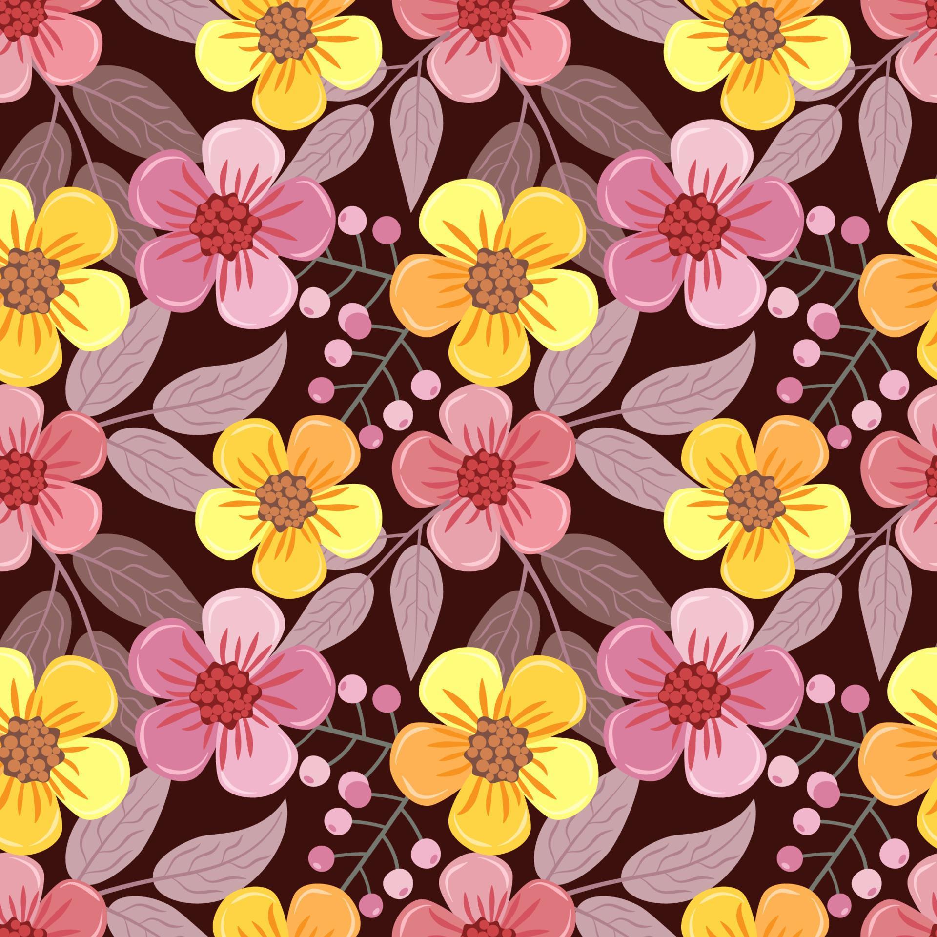 Sweet Cute Colourful Flowers and Leave On Dark Brown Color Seamless Pattern for Fabric Textile Wallpaper Stock Free