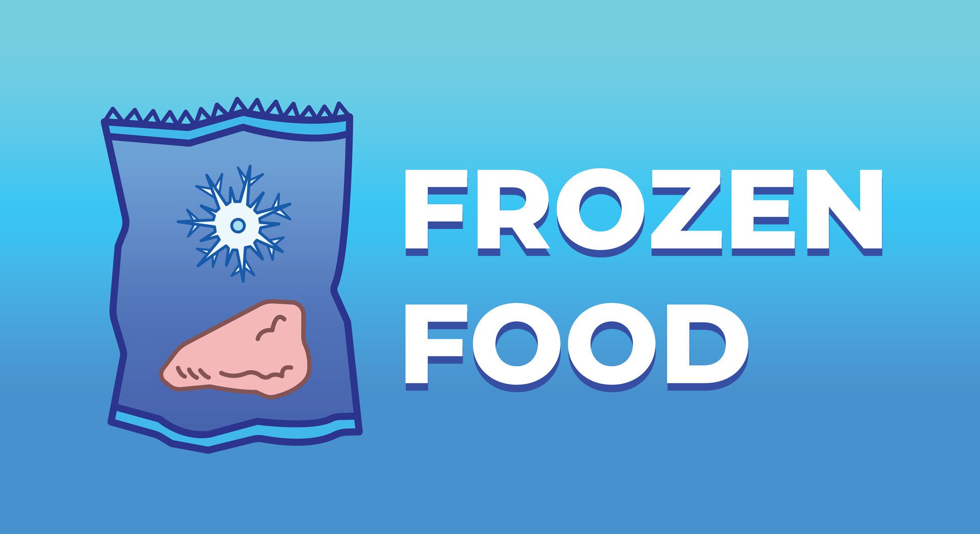 
									Frozen food supermarket banner poster sign age illustration isolated on horizontal gradient blue background. Simple flat styled drawing. Free Vector