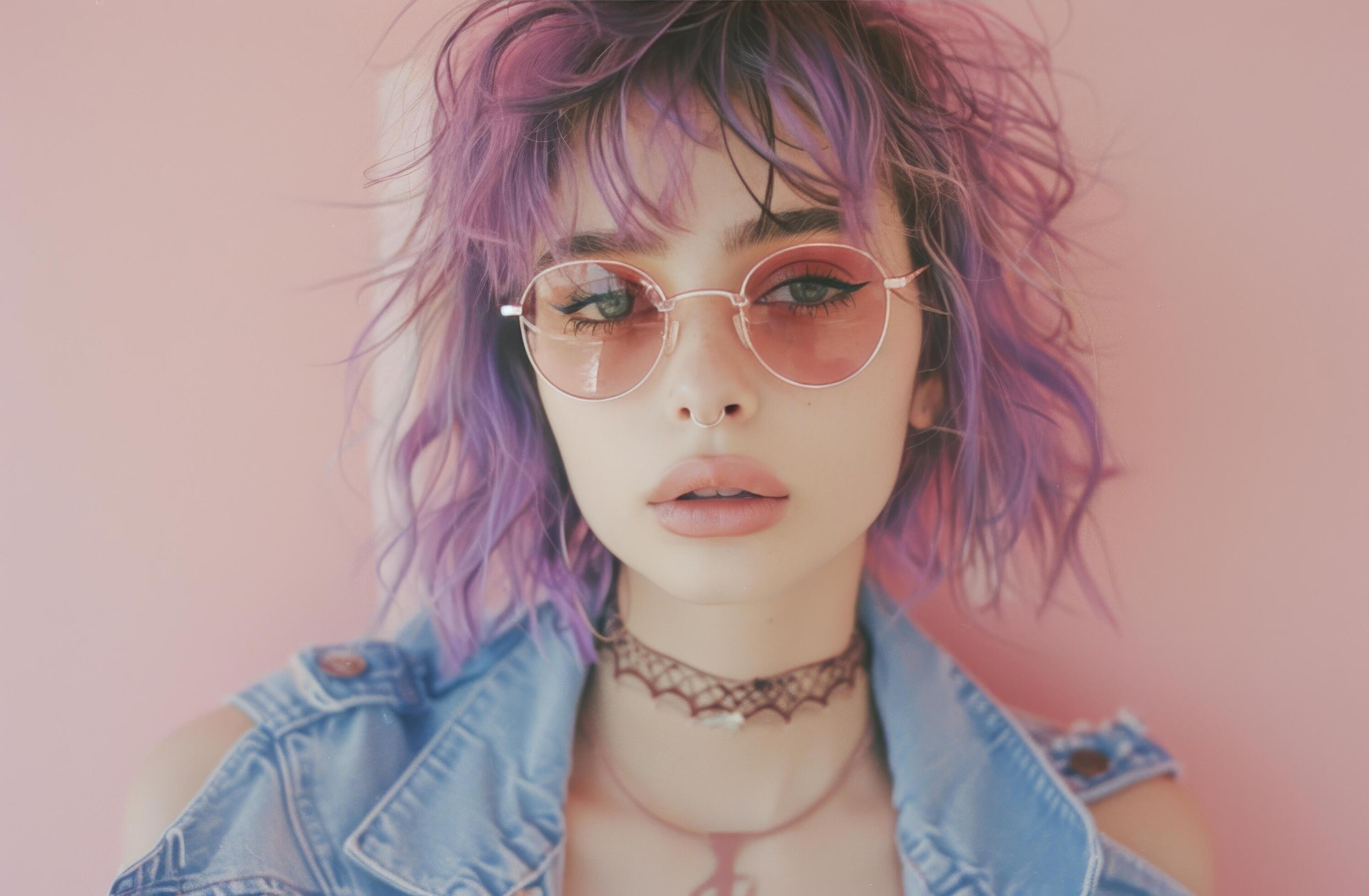 Young Woman With Purple Hair Wearing Sunglasses Against Pink Wall Stock Free