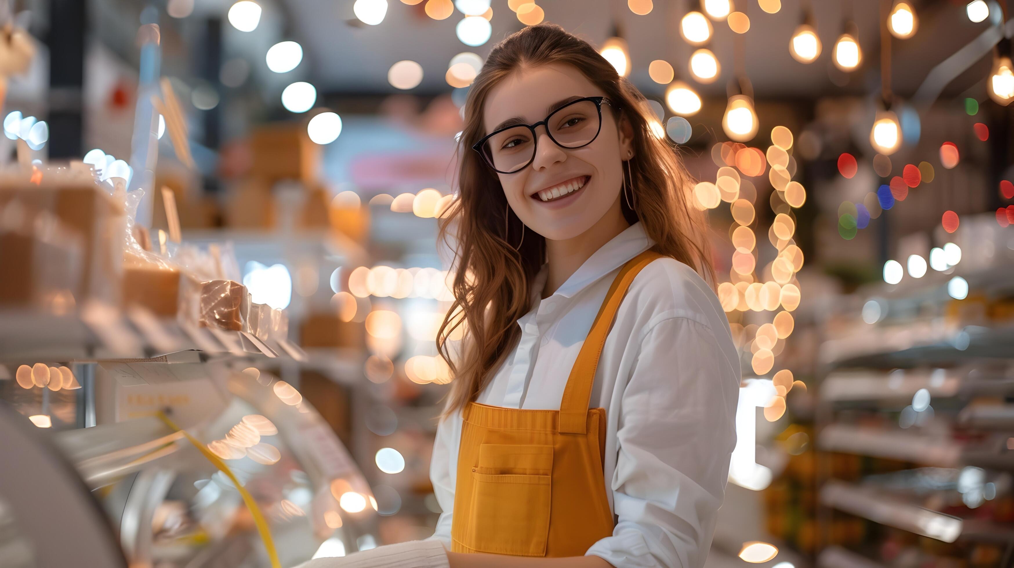 Joyful Retail Associate Assisting Customers in Bright Storefront Stock Free