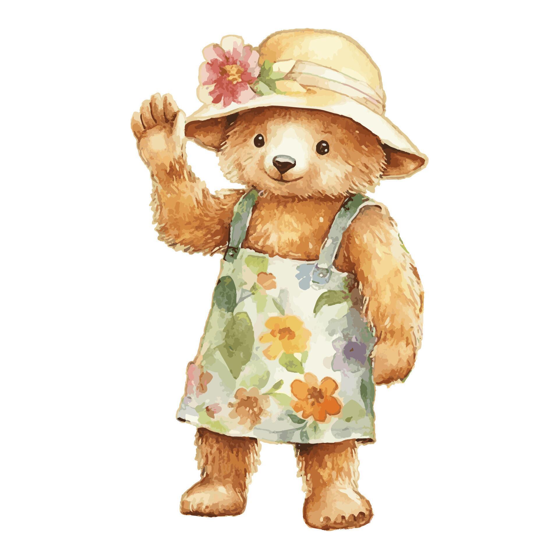 Watercolor Cute Bear Say Hi With Flower Hat and Flower JumpSuit Concept Stock Free