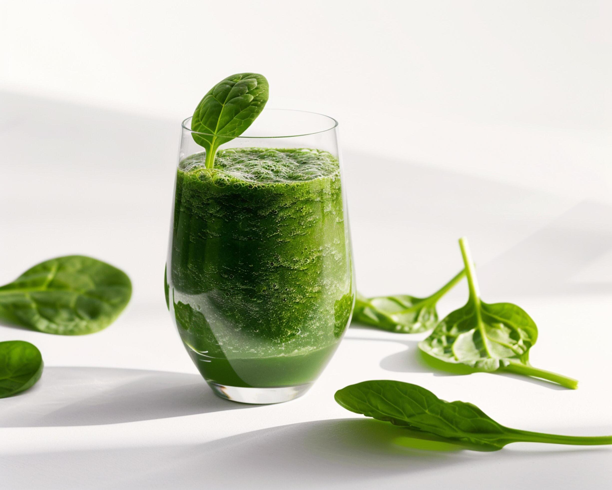 a glass of green smoothie with spinach leaves Stock Free