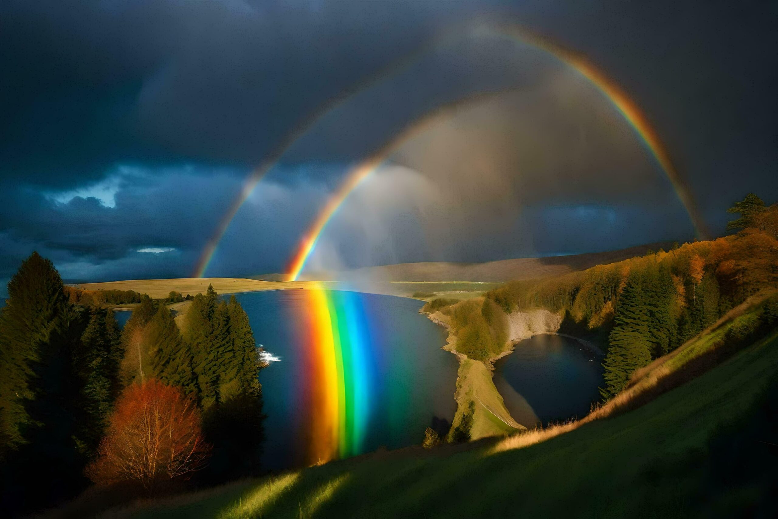 a rainbow is seen over a lake and forest Free Photo