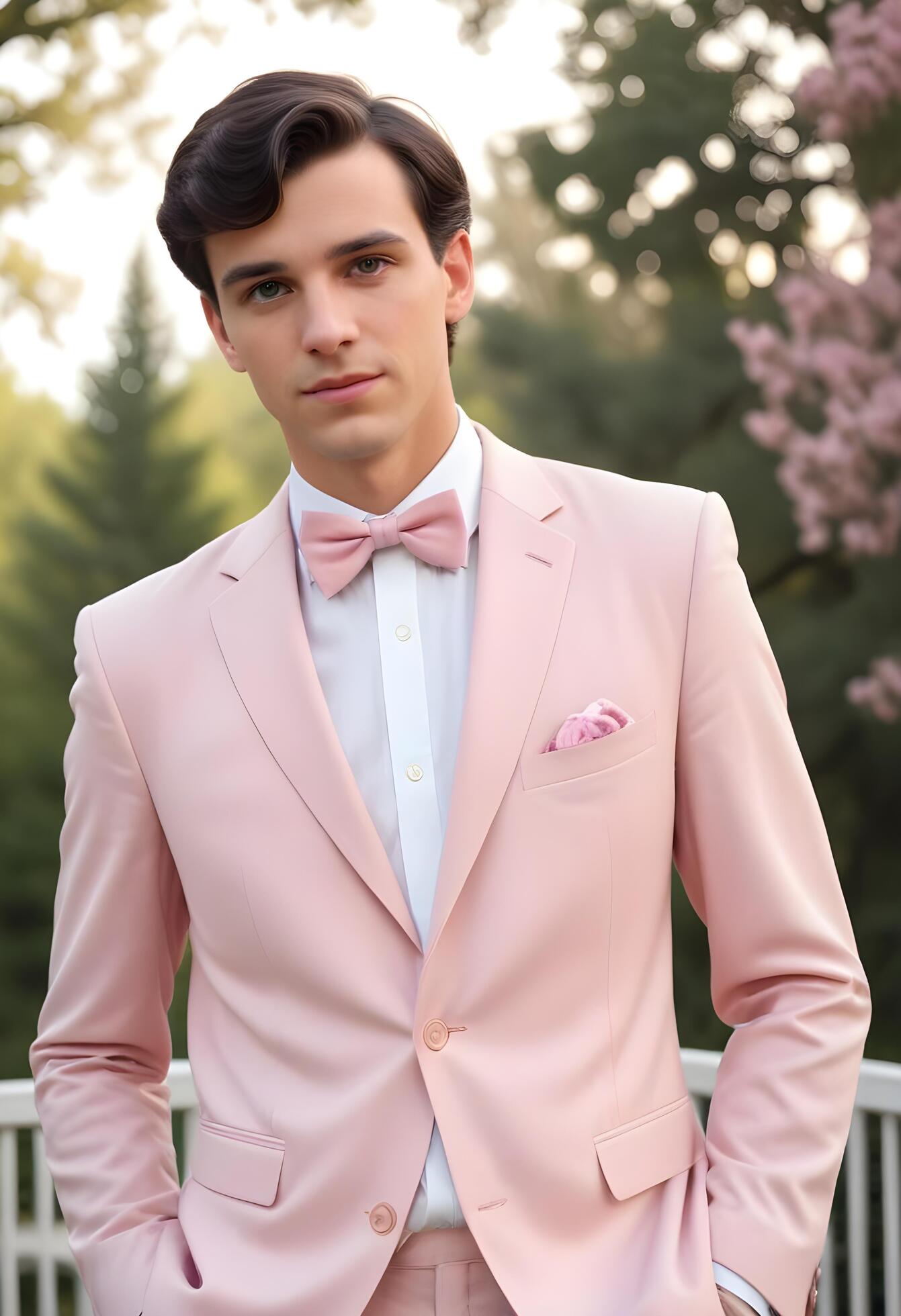 portrait of a handsome young man in pink suit and bow tie posing outdoor Stock Free