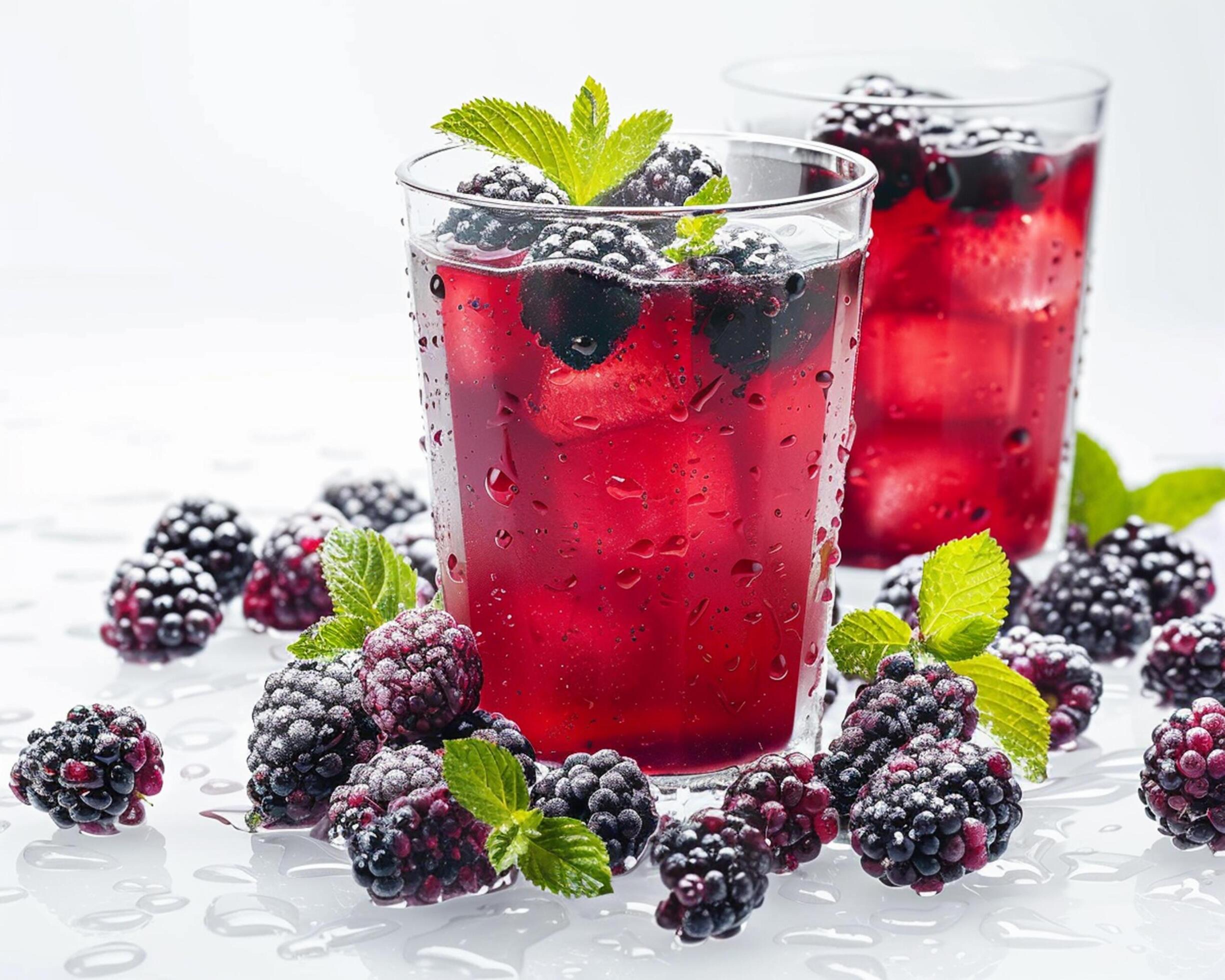 two glasses of blackberry juice with mint leaves Stock Free