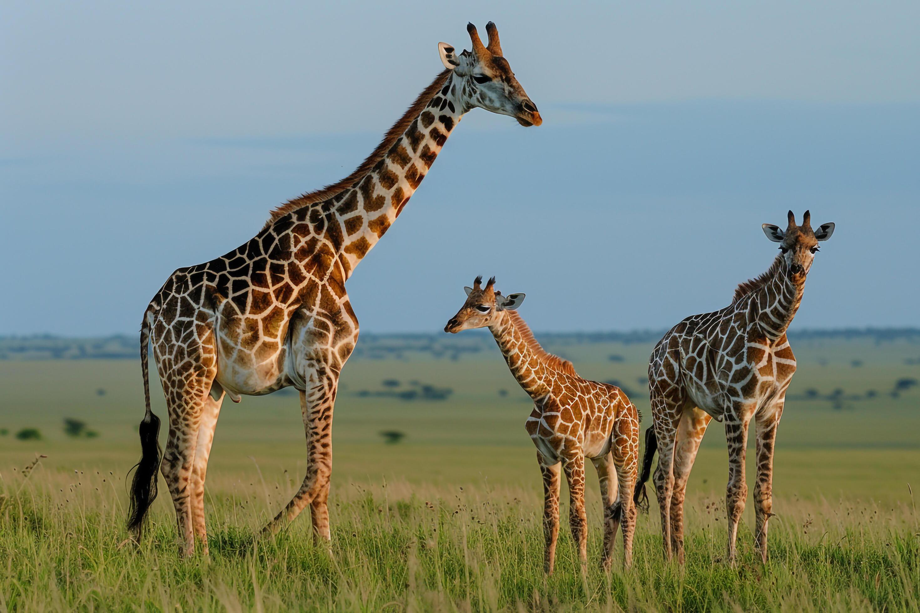 Giraffe Family Grazing on Savanna. Nature Background Stock Free