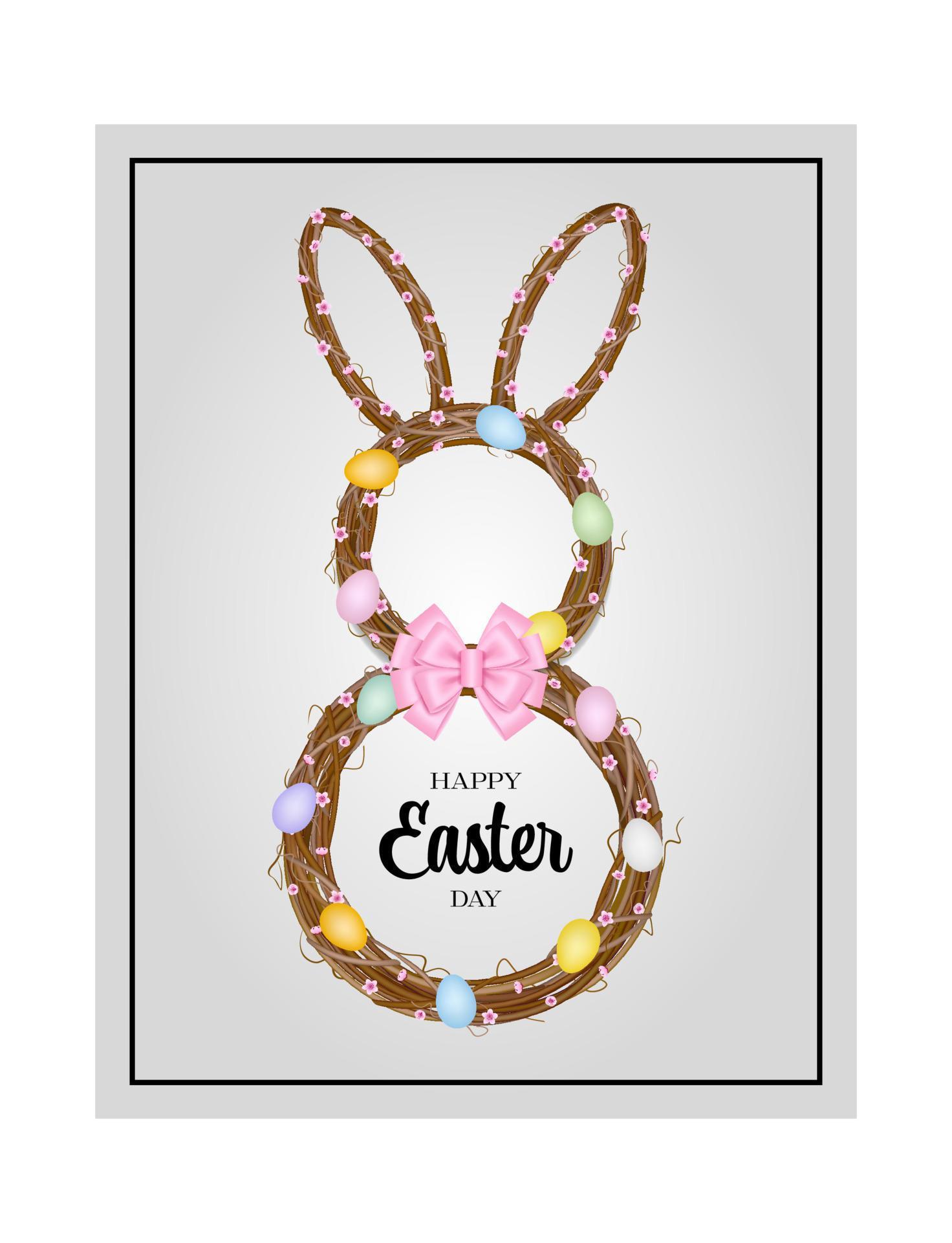 easter greeting card with rabbit shaped wreath. easter garlad with branches, eggs and flowers Stock Free