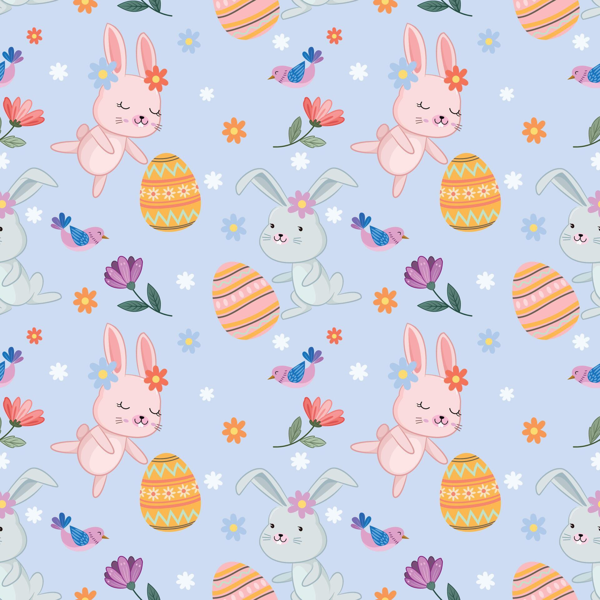 Bunny with Easter egg and flowers seamless pattern Stock Free