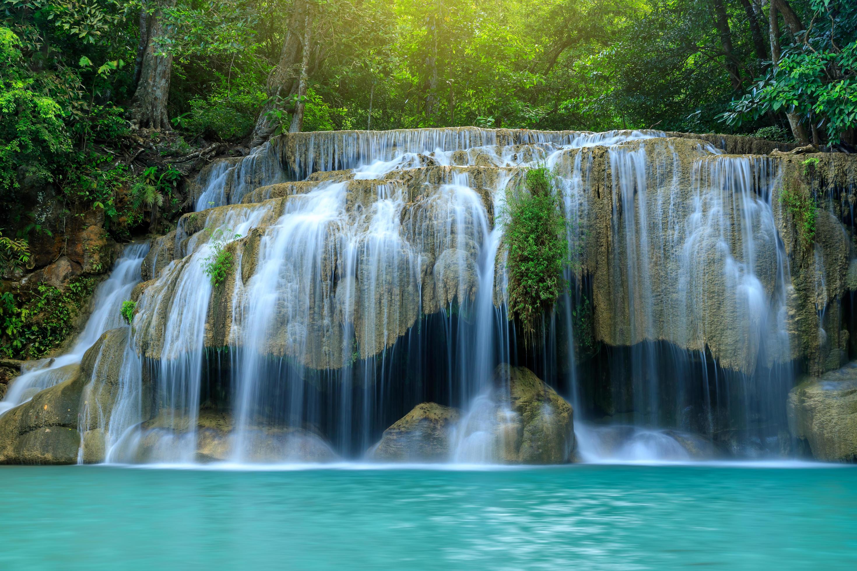 Waterfall level 2, Erawan National Park, Kanchanaburi, Thailand Stock Free