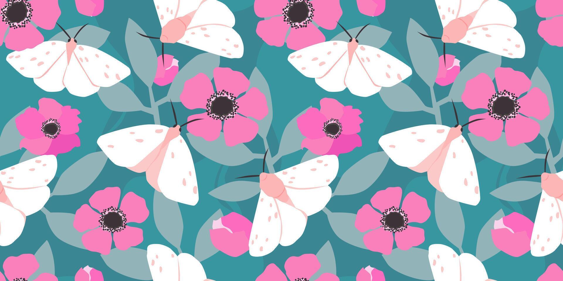 Seamless pattern with butterflies and flowers on a background of leaves. Summer abstract nature print. Vector graphics. Stock Free