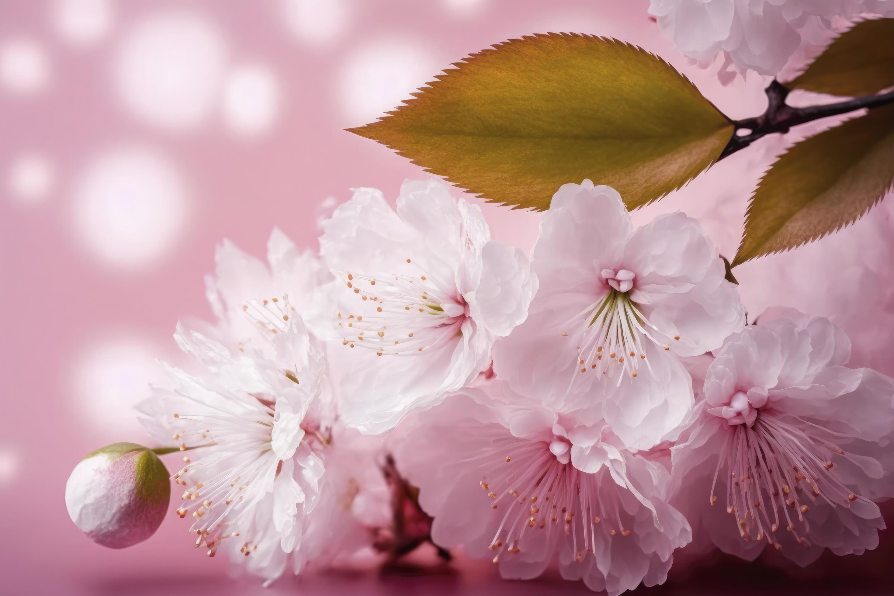 Pink cherry flowers background. pink cherry blossom flowers on clean background. Three almond blossom or sakura flowers macro isolated, generate ai Stock Free