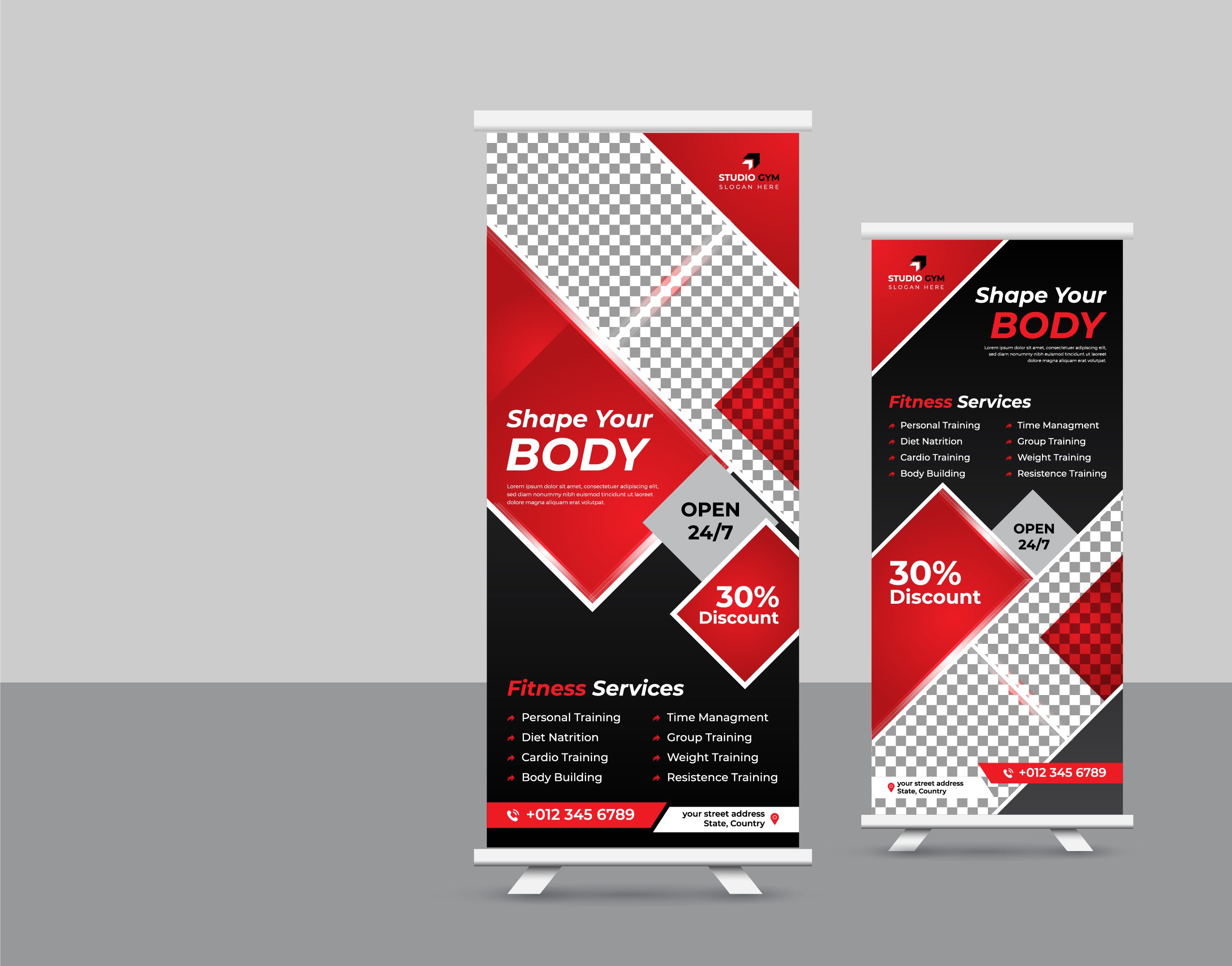 Fitness GYM Red Roll Up Stand Banner Modern Template Free Vector