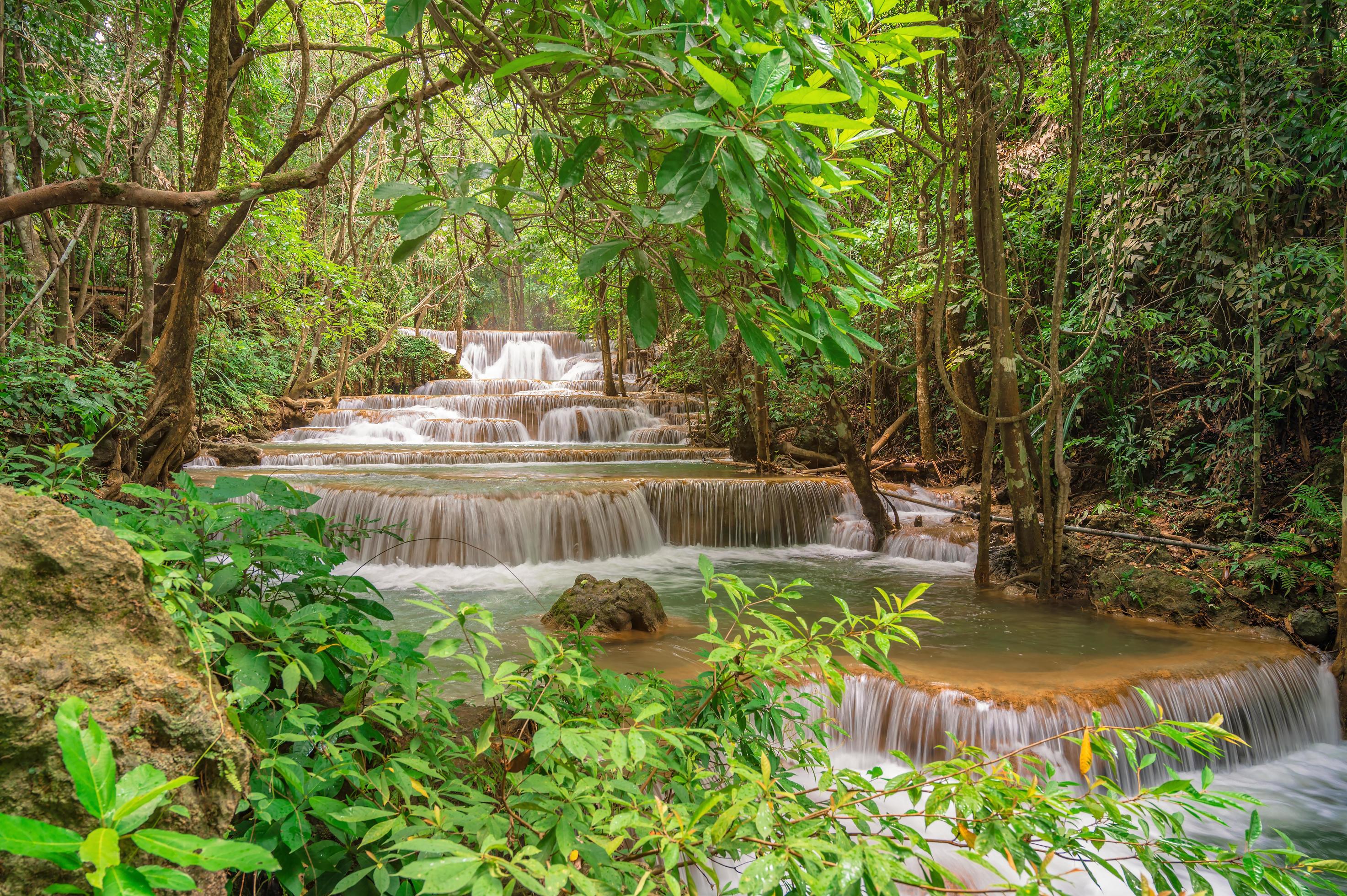 Waterfall of Huai mae khamin waterfall Srinakarin national park at Kanchanaburi thailand. Stock Free