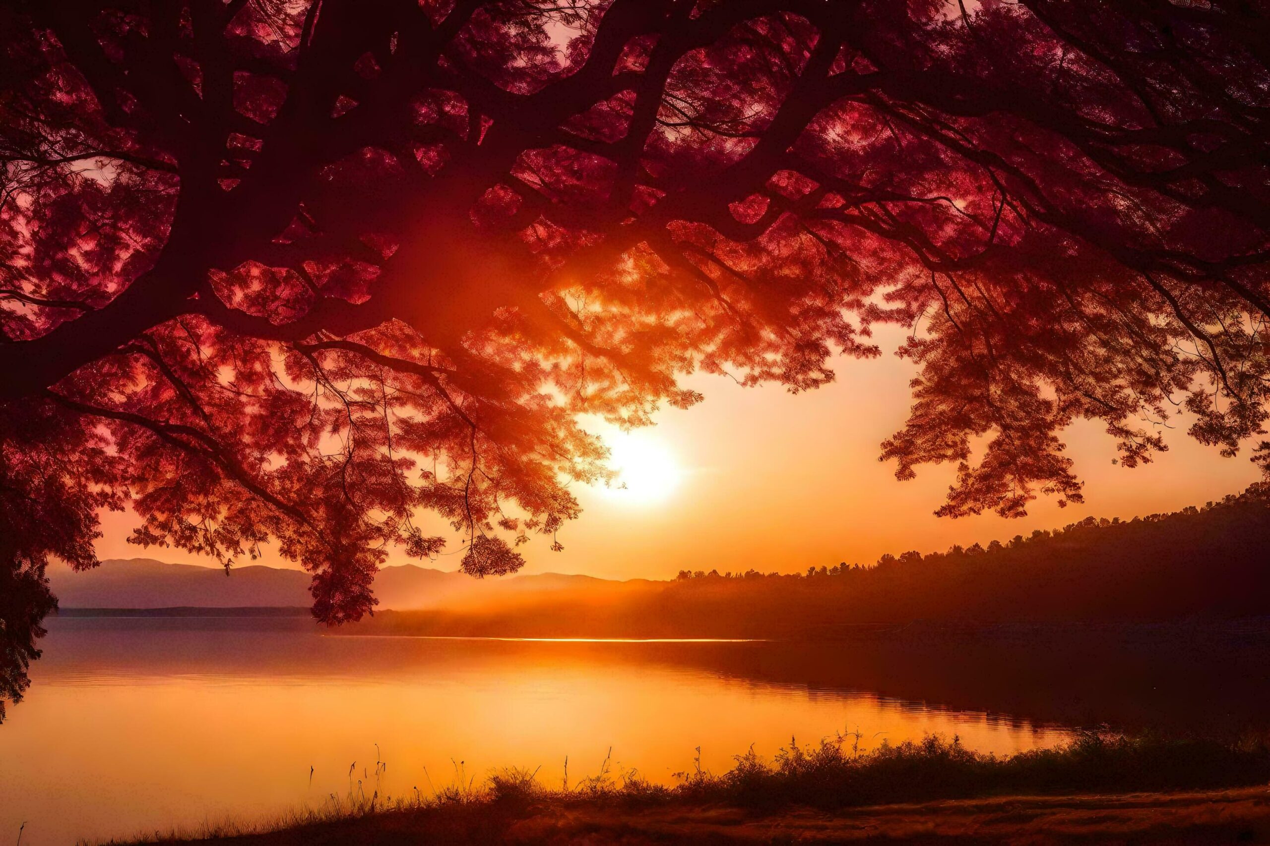 the sun is setting over a lake and tree Free Photo