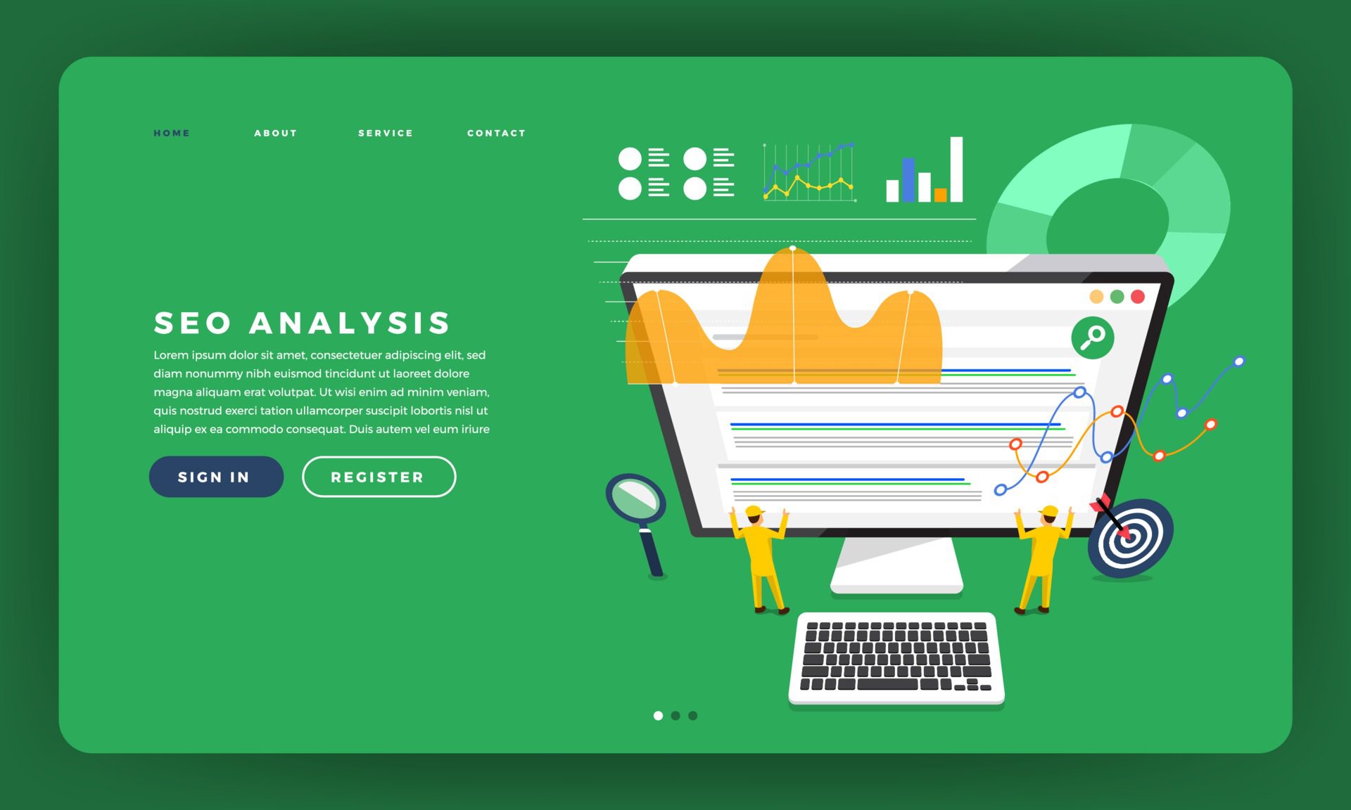 Mock-up design website flat design concept SEO analysis with graph and chart on team developer building a rank website on desktop. Vector illustration. Free Vector