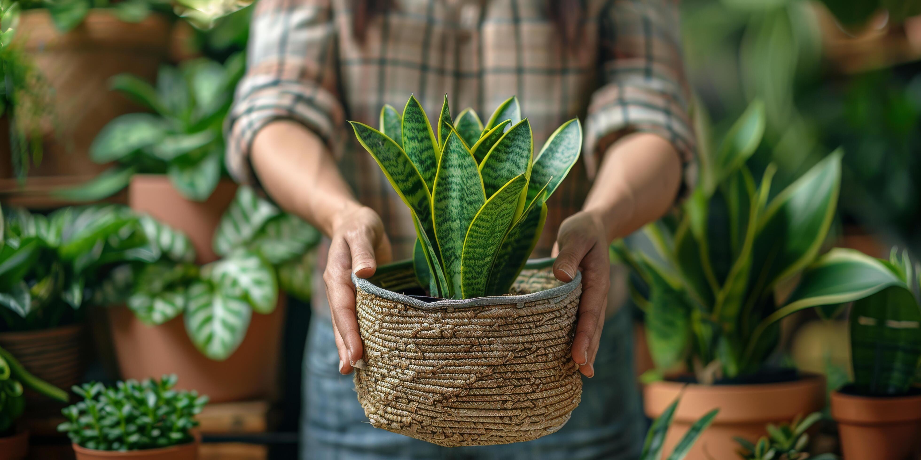 Person Holding a Potted Snake Plant in a Wicker Basket at a Plant Shop Stock Free