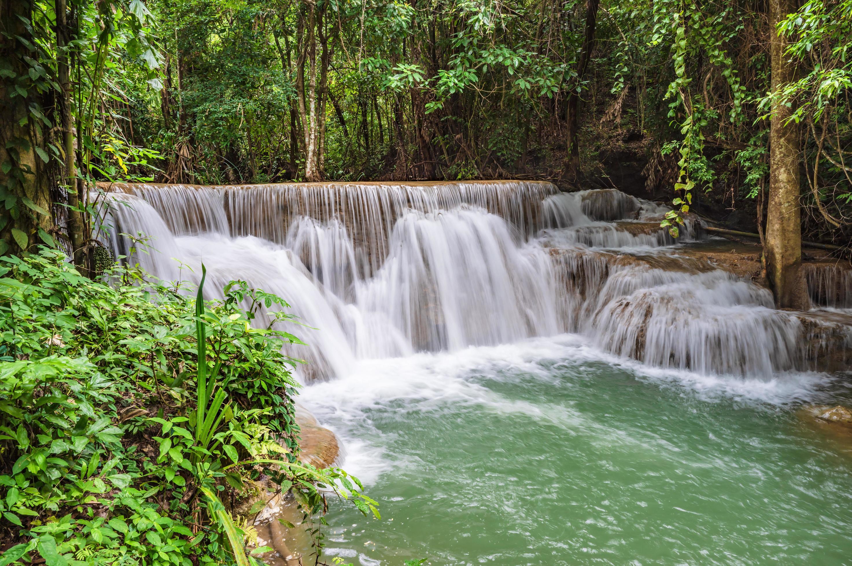 Landscape Waterfall of Huai mae khamin waterfall Srinakarin national park at Kanchanaburi thailand. Stock Free