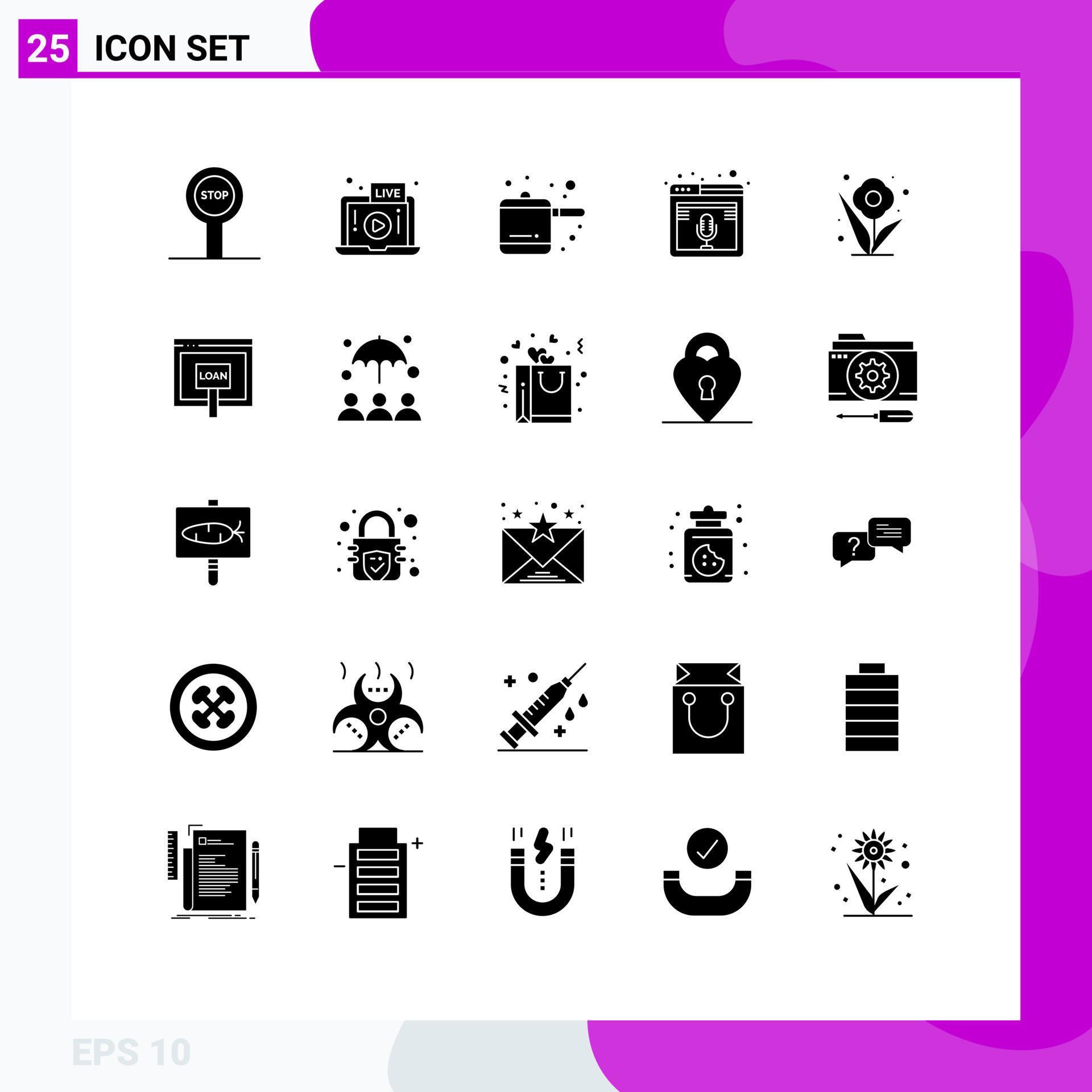 Group of 25 Modern Solid Glyphs Set for spring plant rice cooker flower podcast Editable Vector Design Elements Stock Free