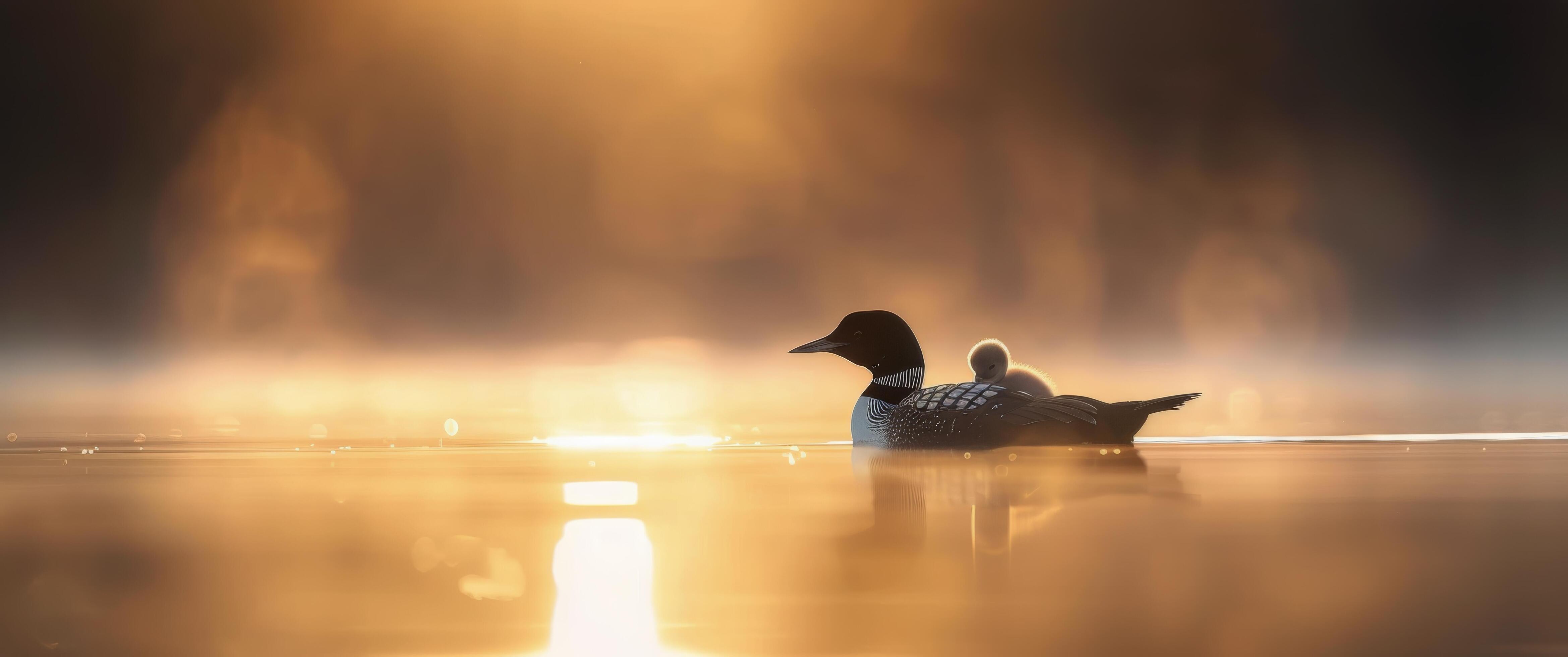 Loon and Chick at Sunrise Stock Free