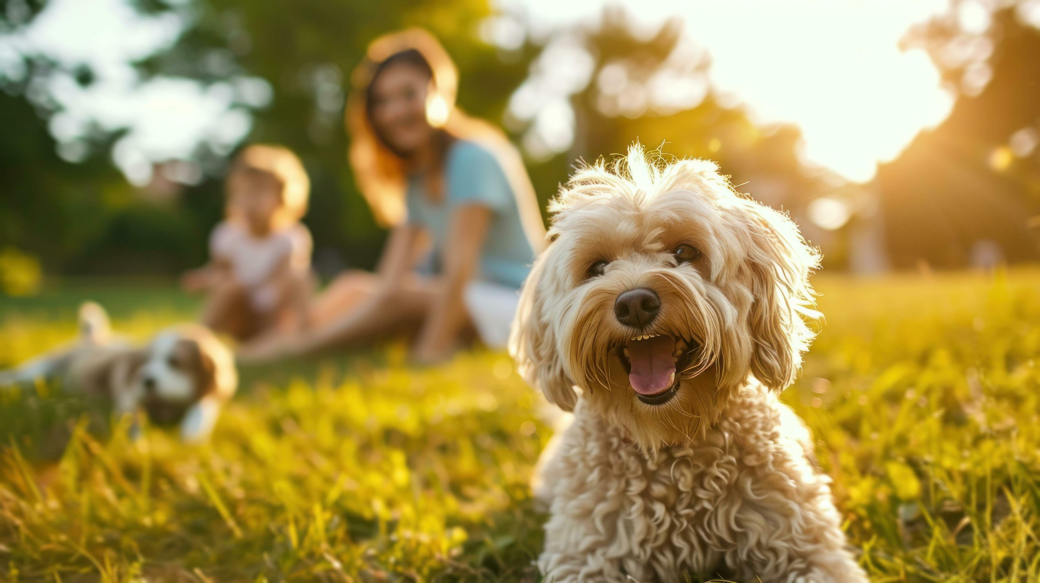 AI generated beautiful advertisment photo of happy beautiful family playing with dog in garden with copy space Stock Free