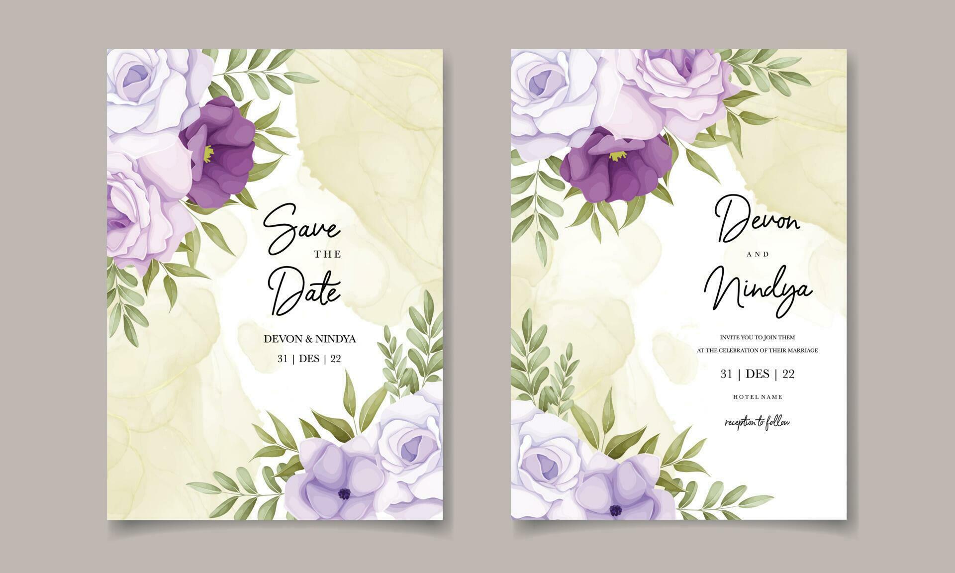 Elegant wedding invitation card with purple flowers Stock Free