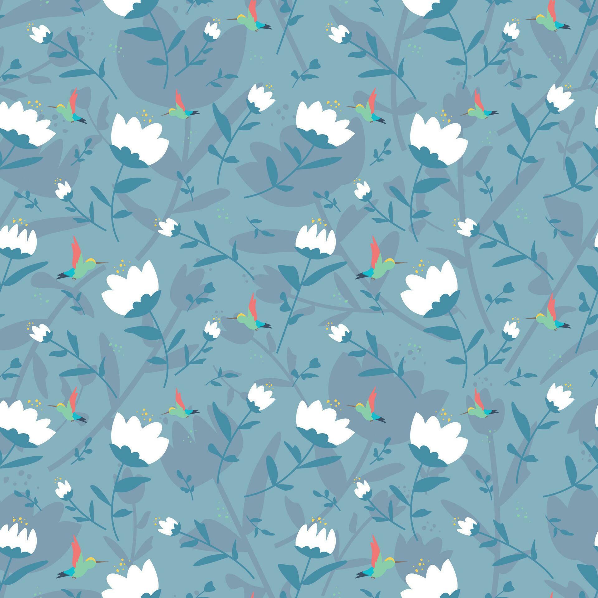 BEAUTIFUL WHITE FLOWERS AND HUMMINGBIRDS FLAT SEAMLESS PATTERN DESIGN Stock Free