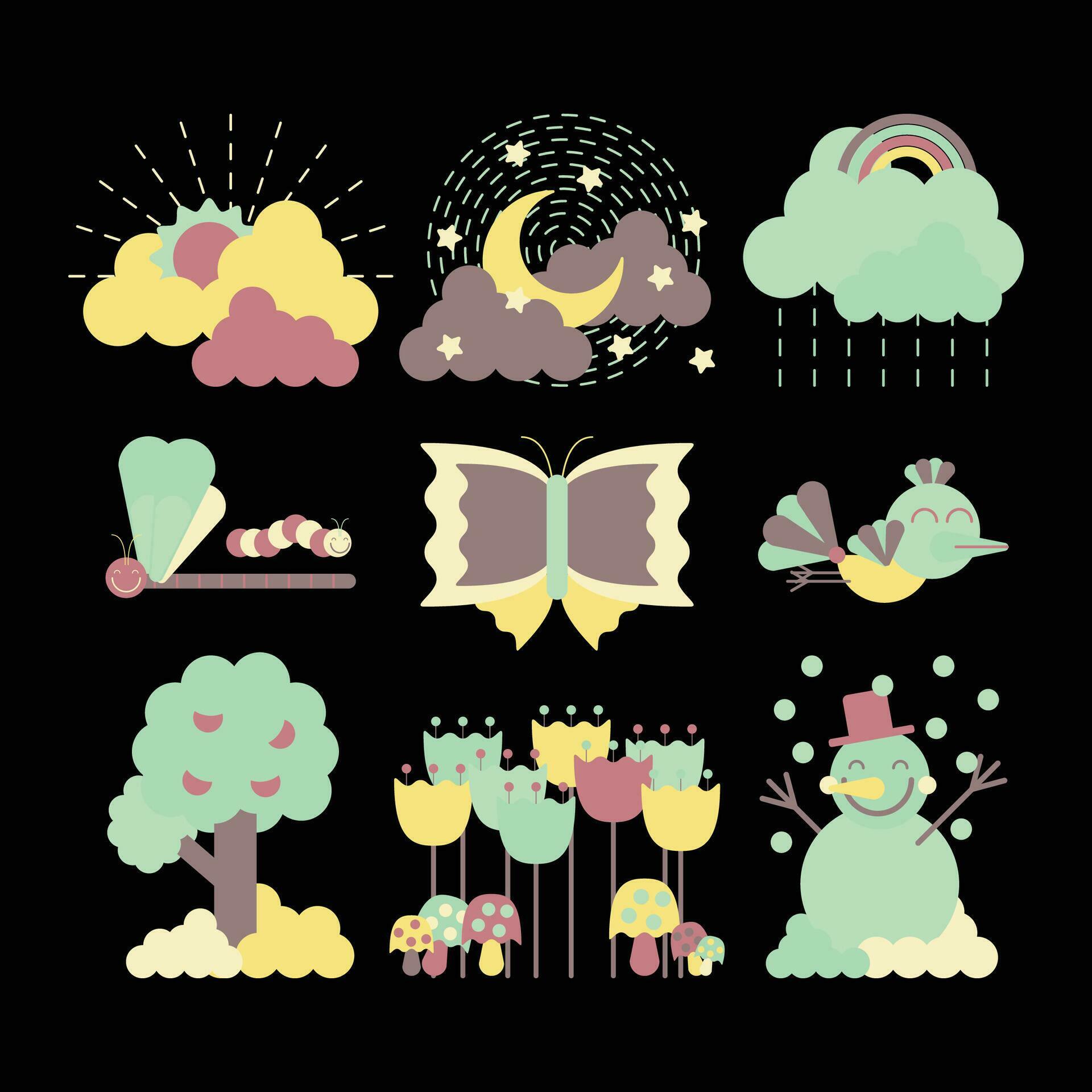 Weather, Seasons, Nature cartoon icon set. Stock Free