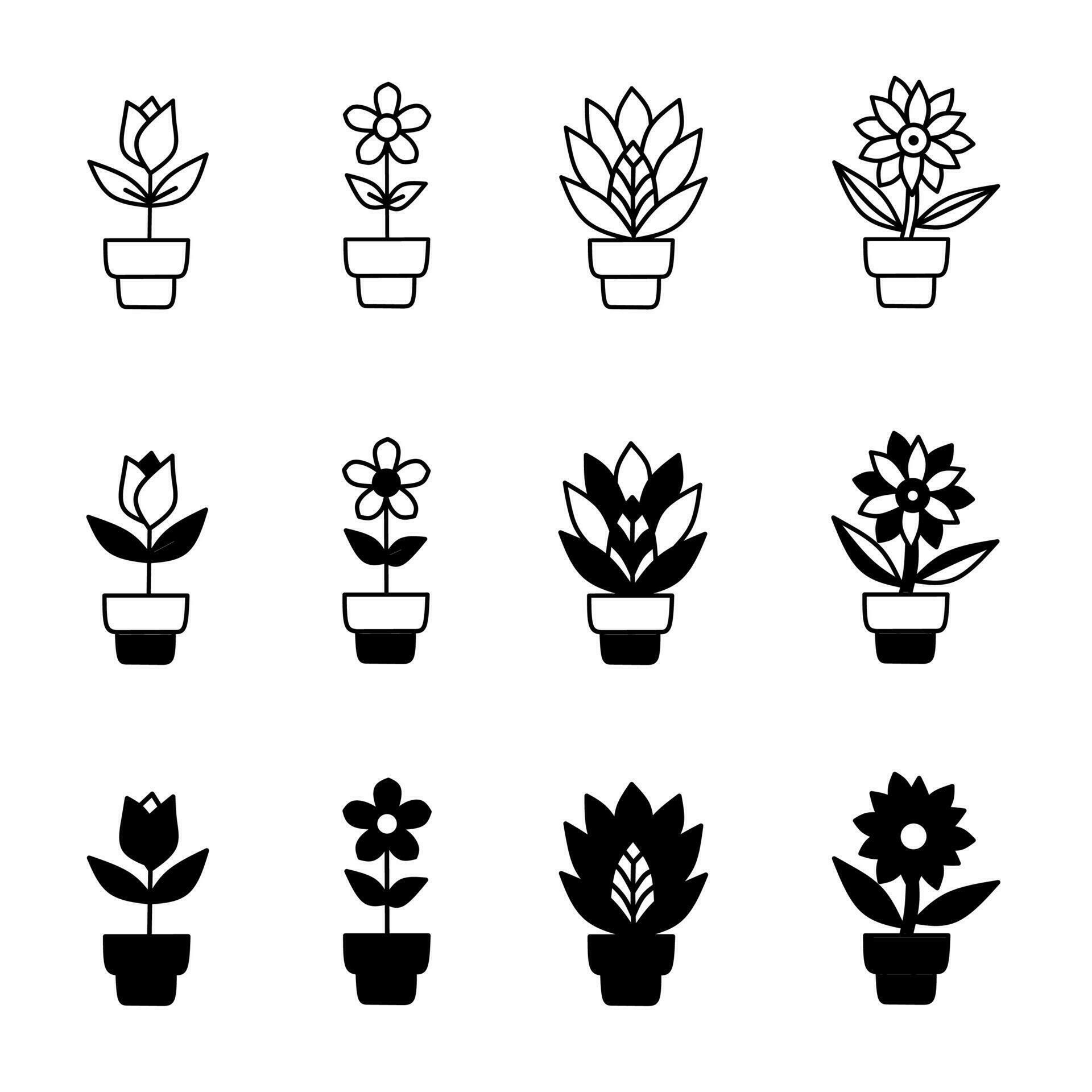 Flower in pots icon illustration collection. Black and white design icon for business. Stock vector. Stock Free