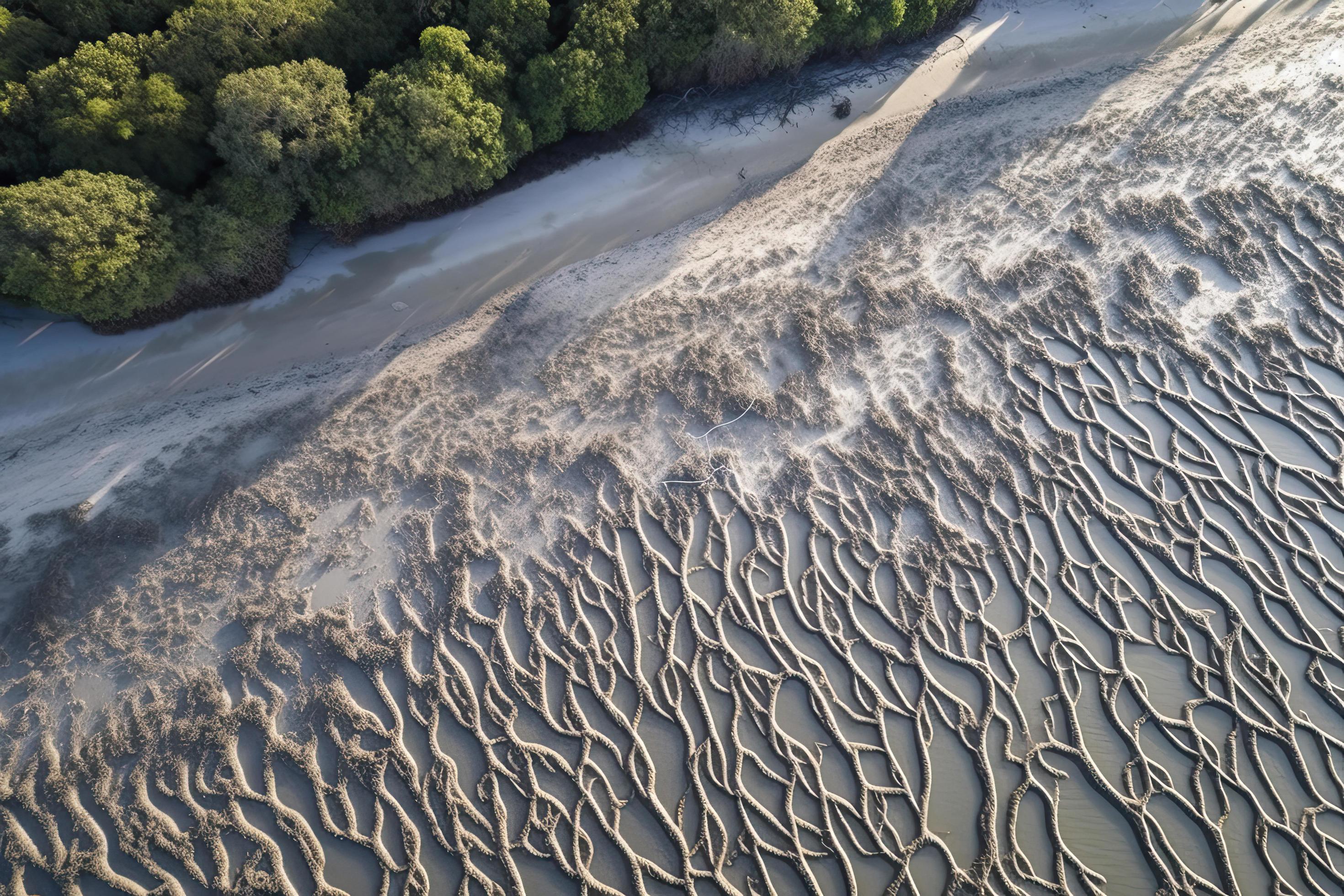 Aerial view of natural patterns in the sand at low tide near mangrove tree forest. Stock Free