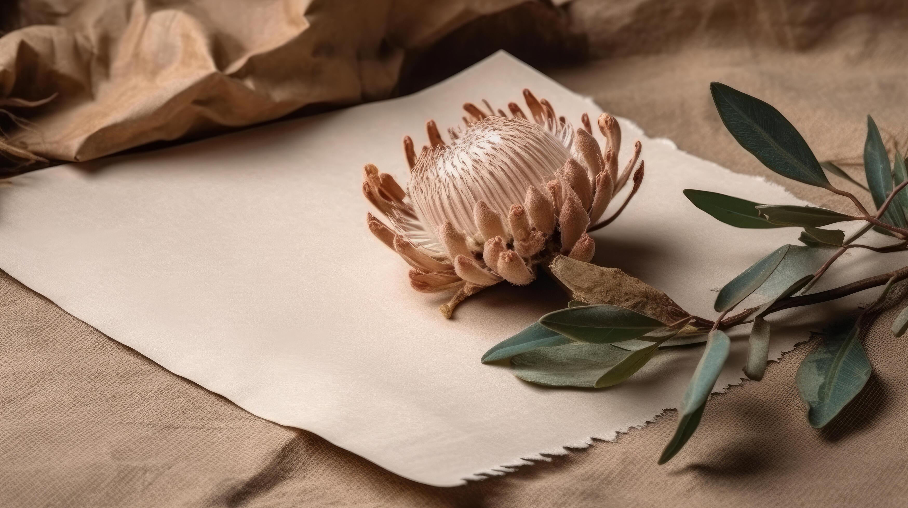 Dried protea flower with blank paper card. Luxury Background. Illustration Stock Free