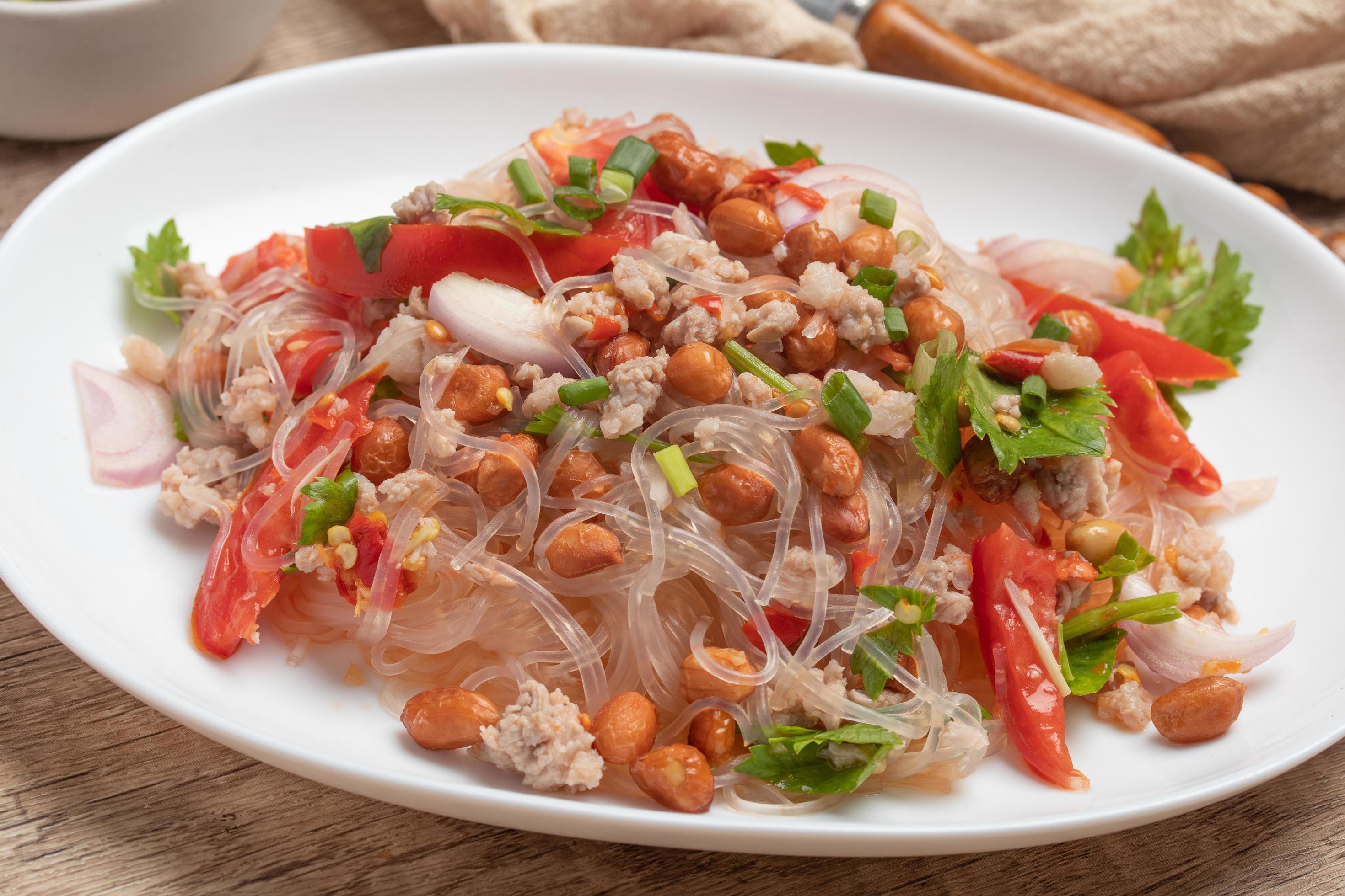 Vermicelli salad with minced pork, spicy food.Thai food Stock Free