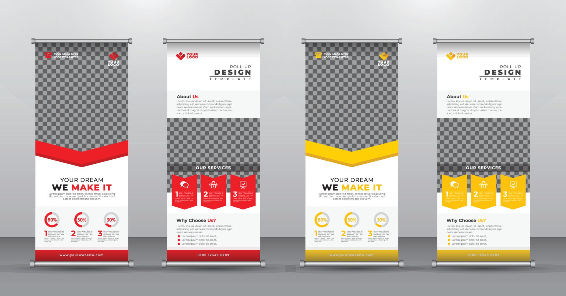 Red and Yellow Advertising Roll-up Banner Design Vertical Template. vector, abstract geometric background, modern x-banner and flag-banner, rectangle size. Free Vector