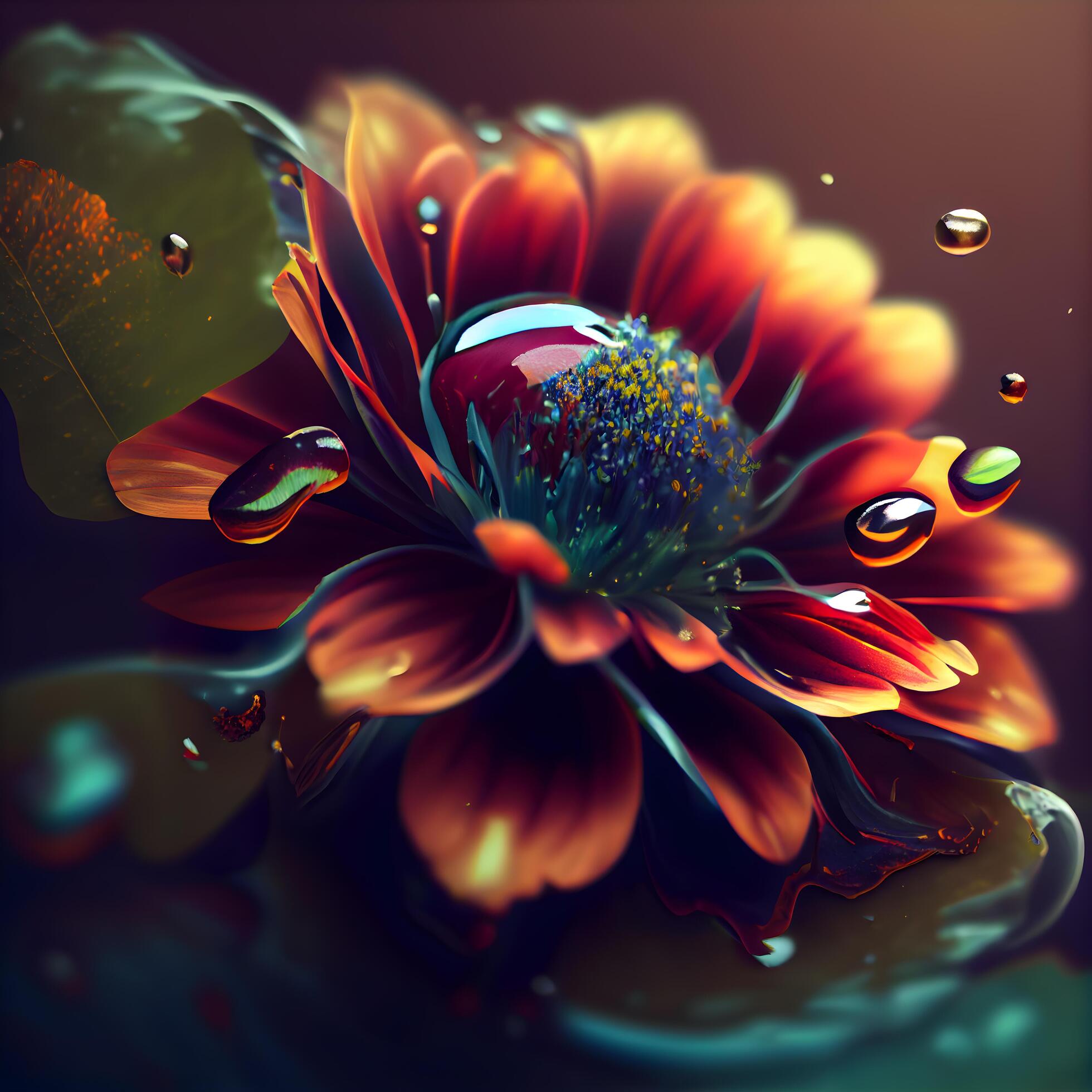 abstract flower with water drops on a dark background. 3d rendering, Image Stock Free