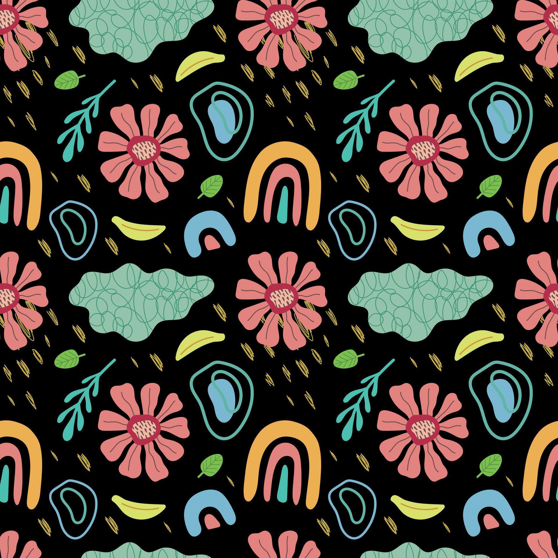 Floral trippy seamless pattern. Flowers, plants and abstract elements on a black background. . For cover, case, fabric, wrapping paper, packaging Stock Free