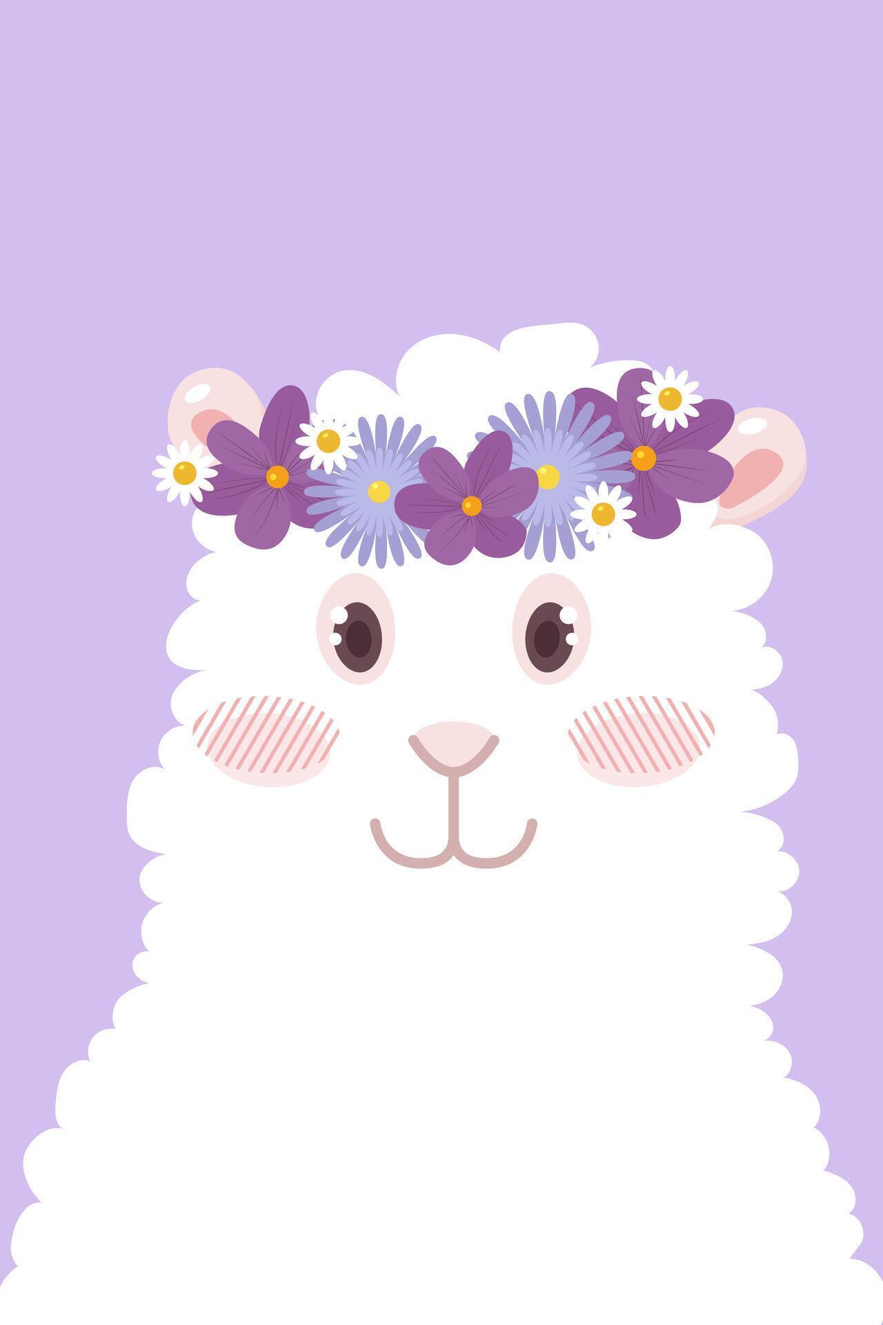 White cartoon alpaca face with flowers on her head. Flat style Stock Free