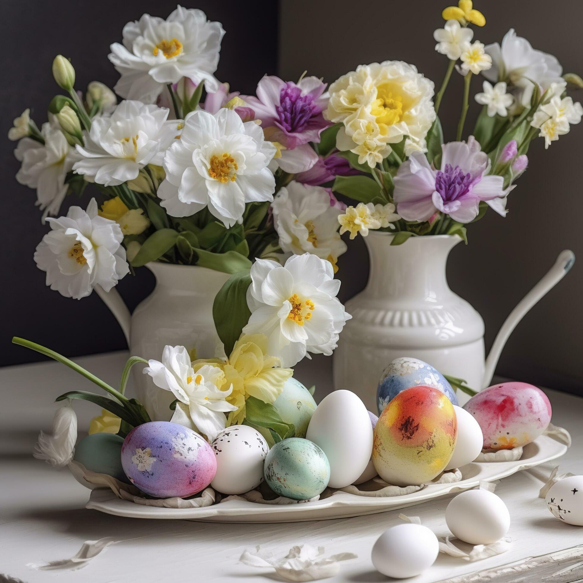 
									Pink Flower Arrangement, Easter Decoration, Frohe Ostern Means Happy Easter , generate ai Stock Free