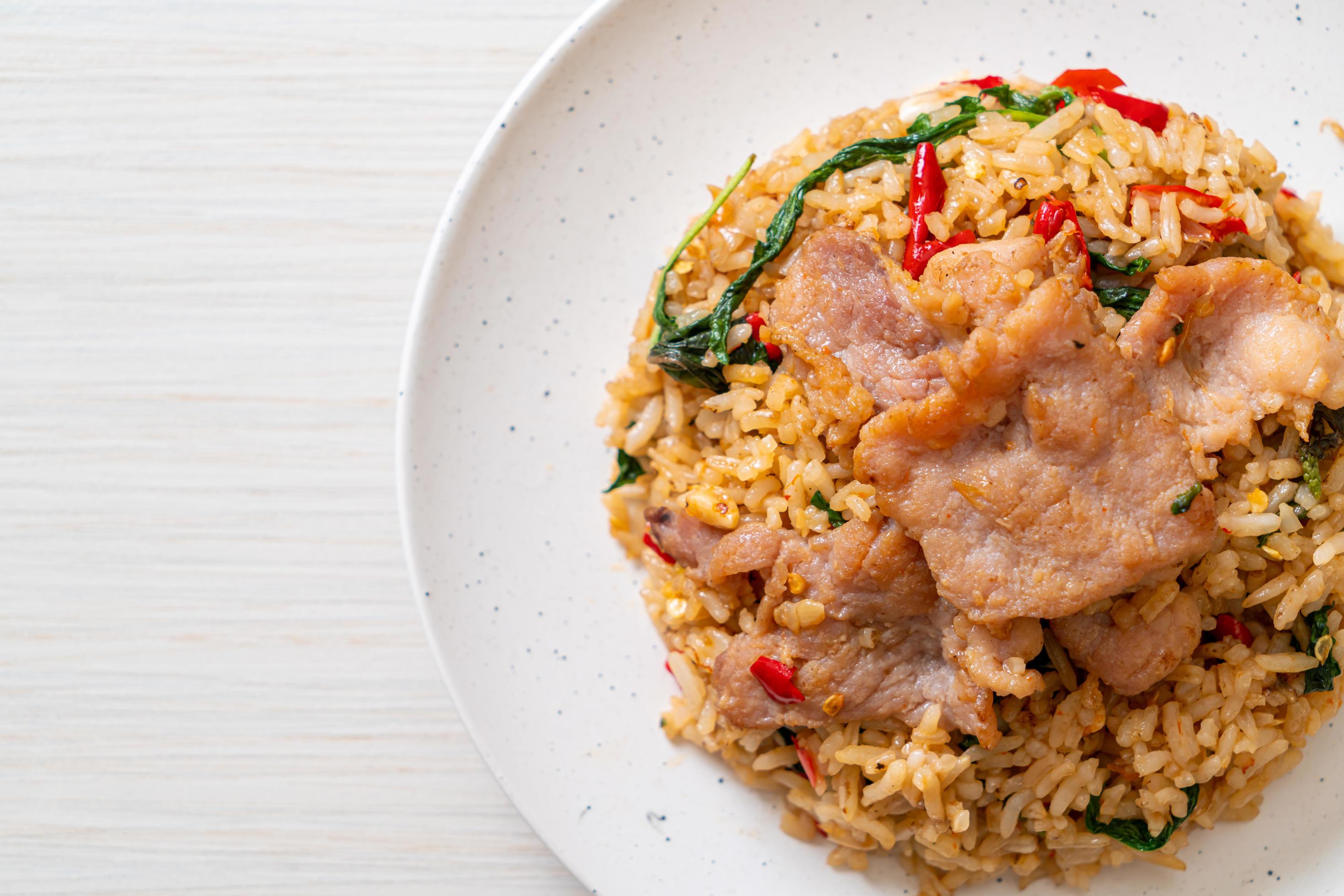 Fried rice with Thai basil and pork – Thai food style Stock Free