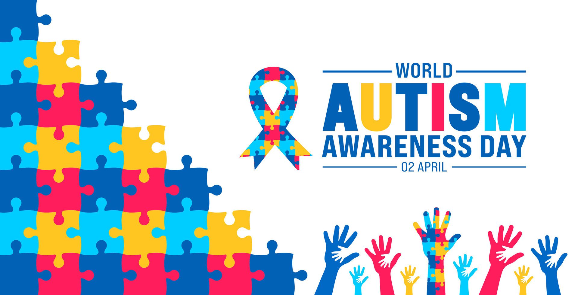 2 April world Autism Awareness Day colorful Puzzle icon with puzzle Awareness Ribbon banner or background design template. Free Vector