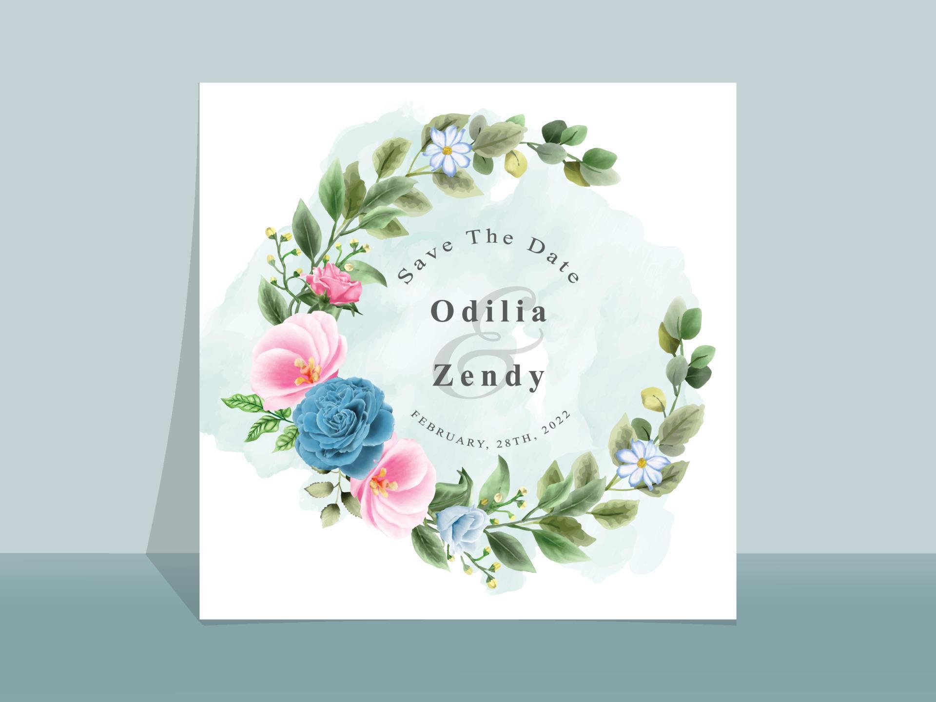 Beautiful blue and pink flowers wedding invitation card Stock Free