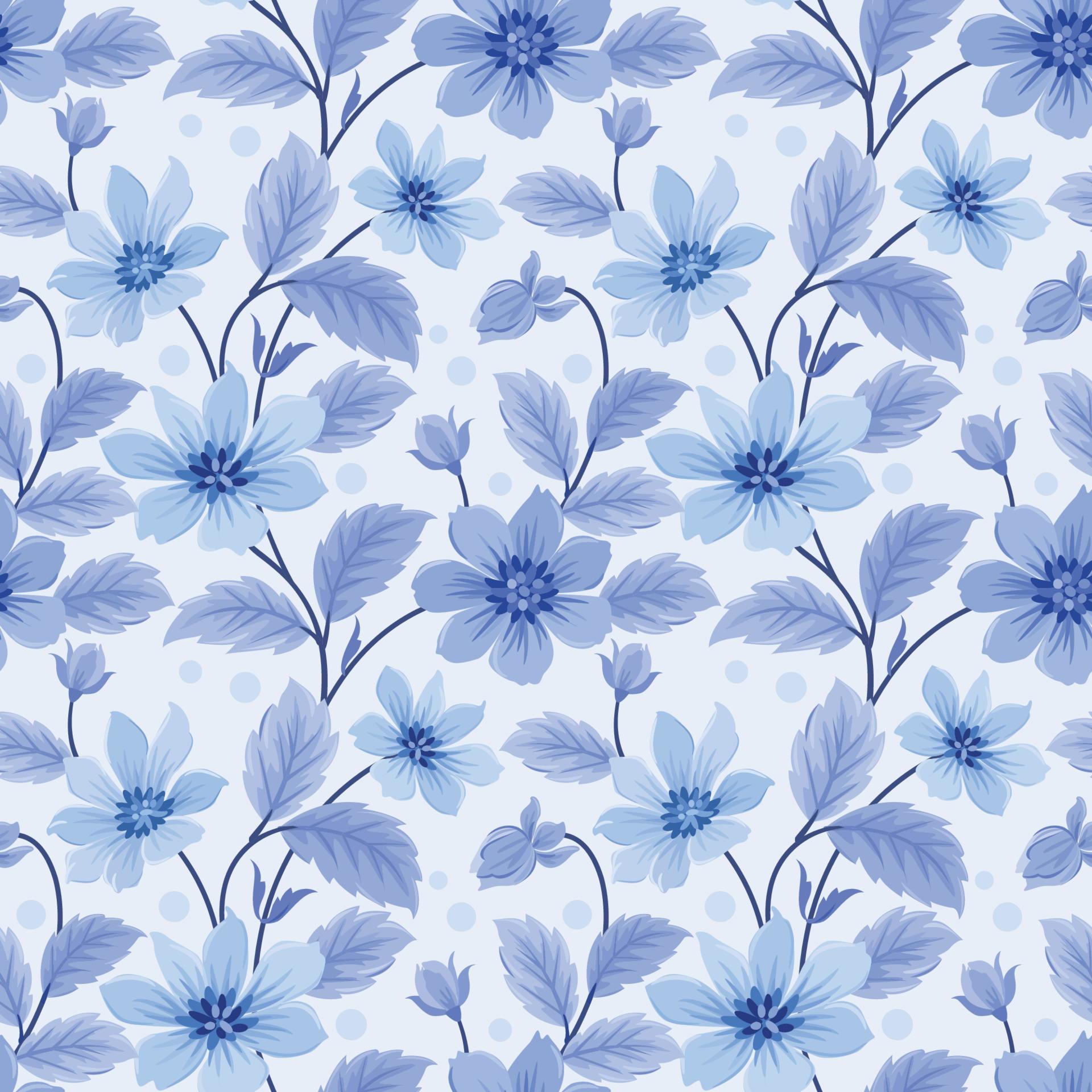 Monochrome blue flowers and leaves seamless pattern. Stock Free