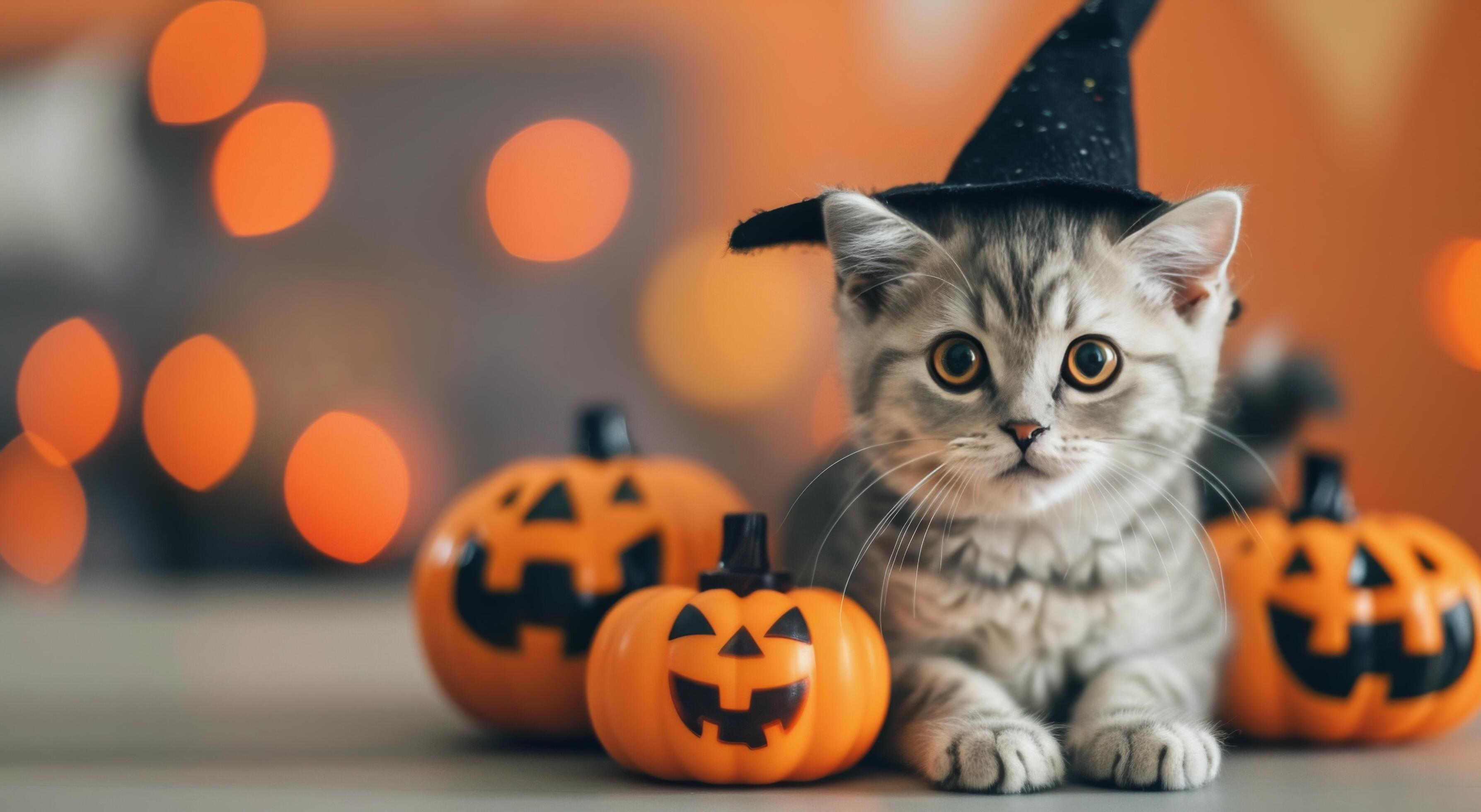 Gray Kitten Sitting Beside Halloween Pumpkins on Orange Background Stock Free