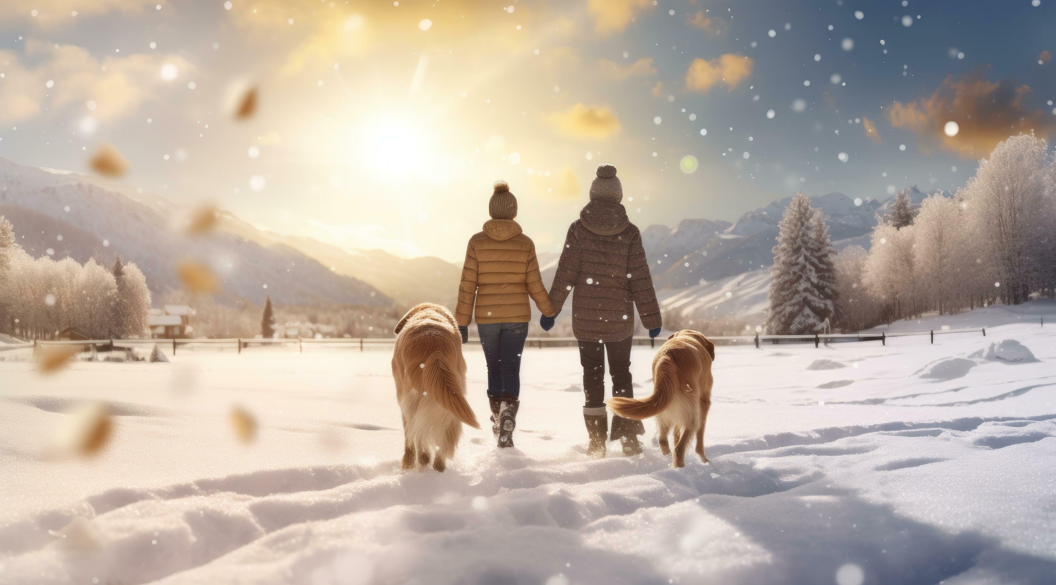 AI generated family with dog walking and playing in snow Stock Free