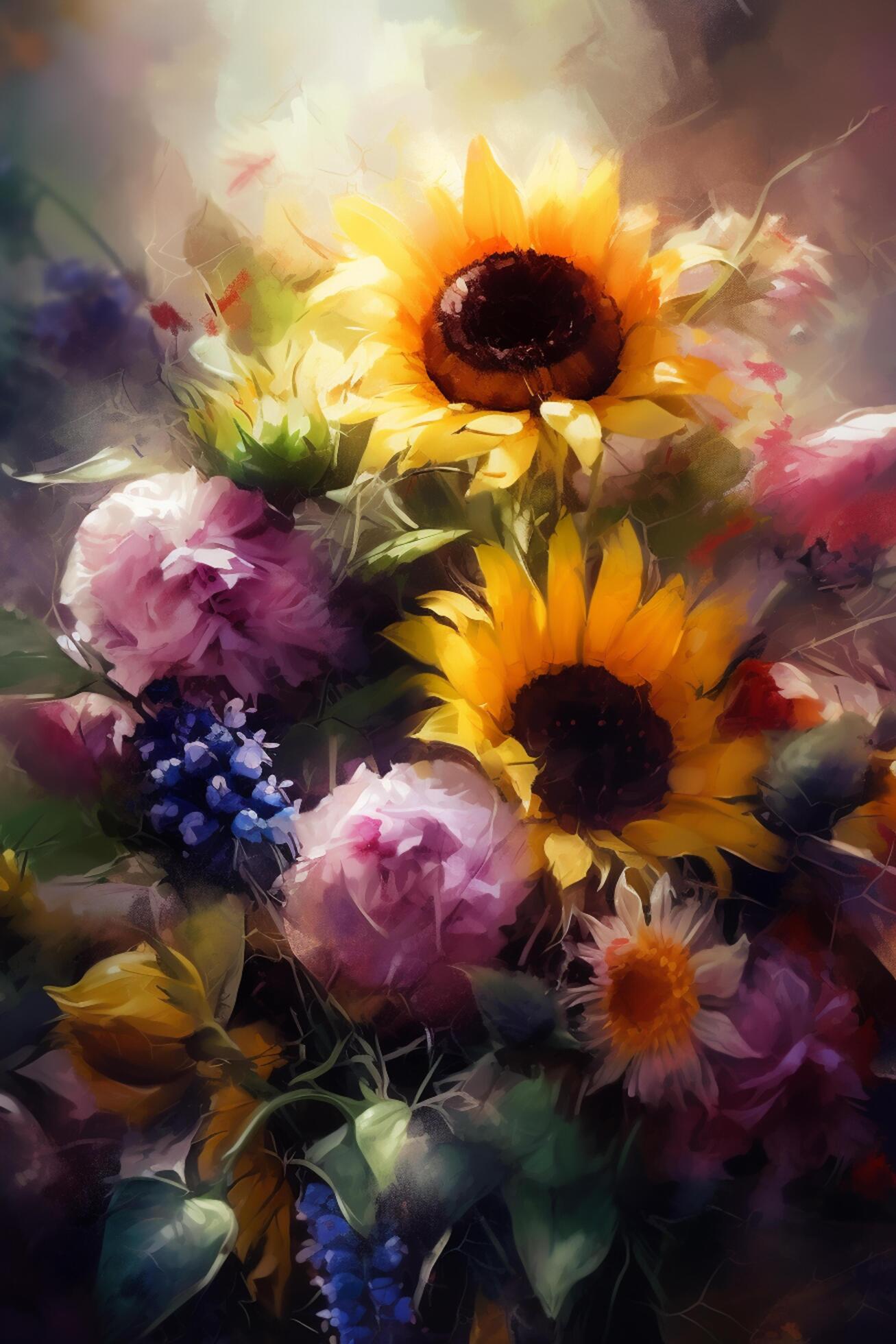 Bursting with Color A Bold Painting of a Vibrant Flower Bouquet Stock Free