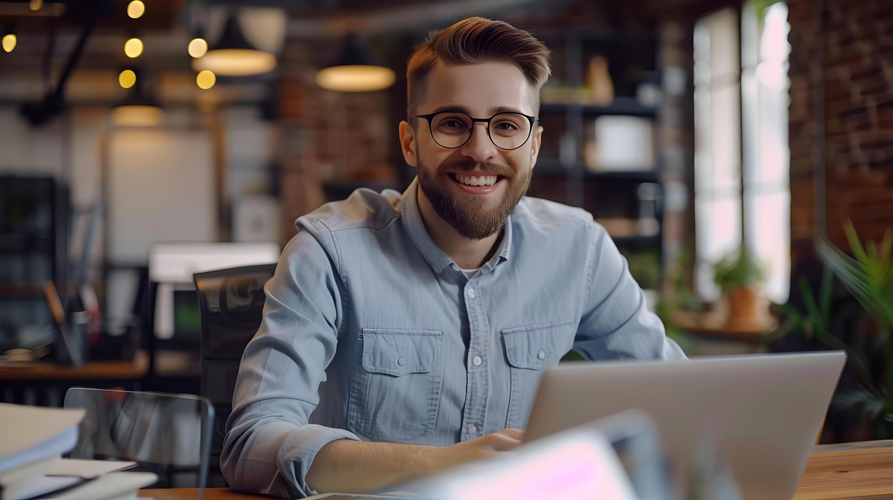 Bearded Man Smiling at Laptop in Cozy Coffee Shop Workspace Stock Free